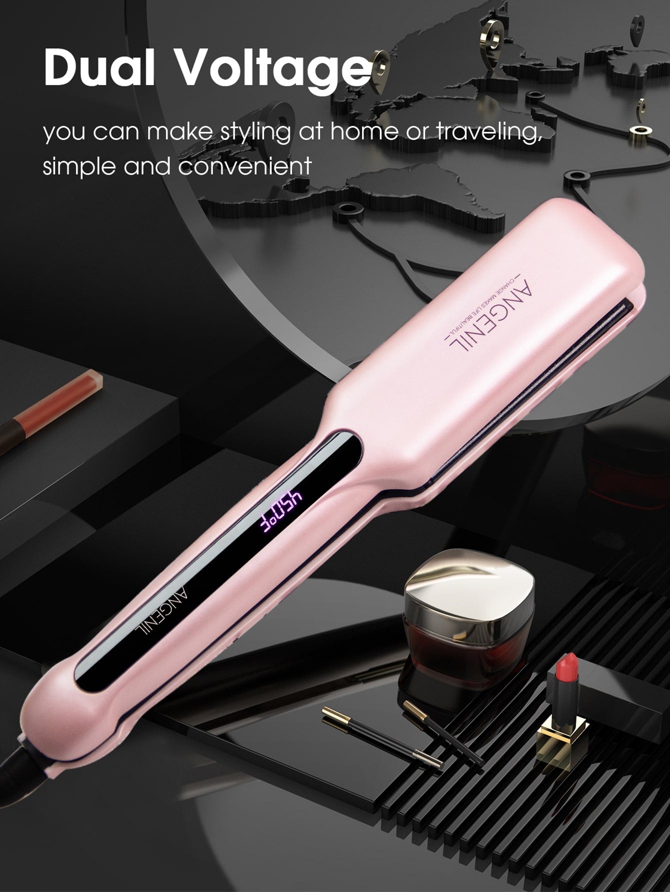 (AU)ANGENIL Argan Oil Flat Iron Curling Iron in One, Professional Portable Dual Voltage Ceramic Hair Straightener, 1.6 Inch Wide Flat Iron for Thick Hair, Fast Straightening Styling, LCD Display-Pink-4