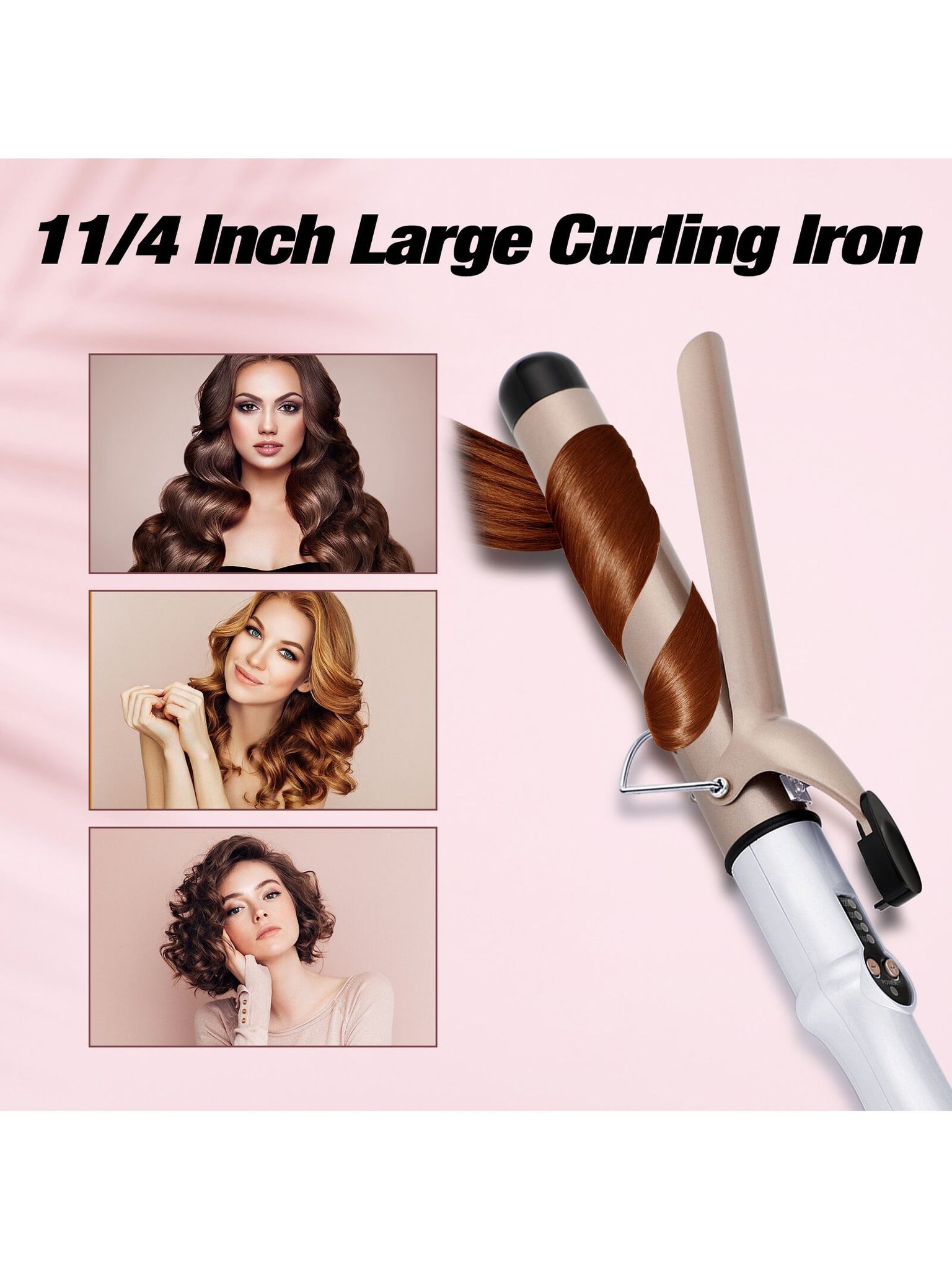 1 1/4 Inch Curling Iron 32mm Professional Ceramic Tourmaline Coating Barrel Hair Curler, LCD Display with 4 Heat Setting (160 Celsius-220 Celsius)for All Hair Types, Glove Include-White-2