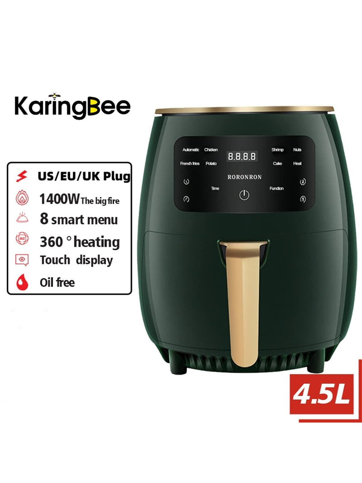 KaringBee Air Fryers 4.5L Large Capacity 1400W 360 Hot Air