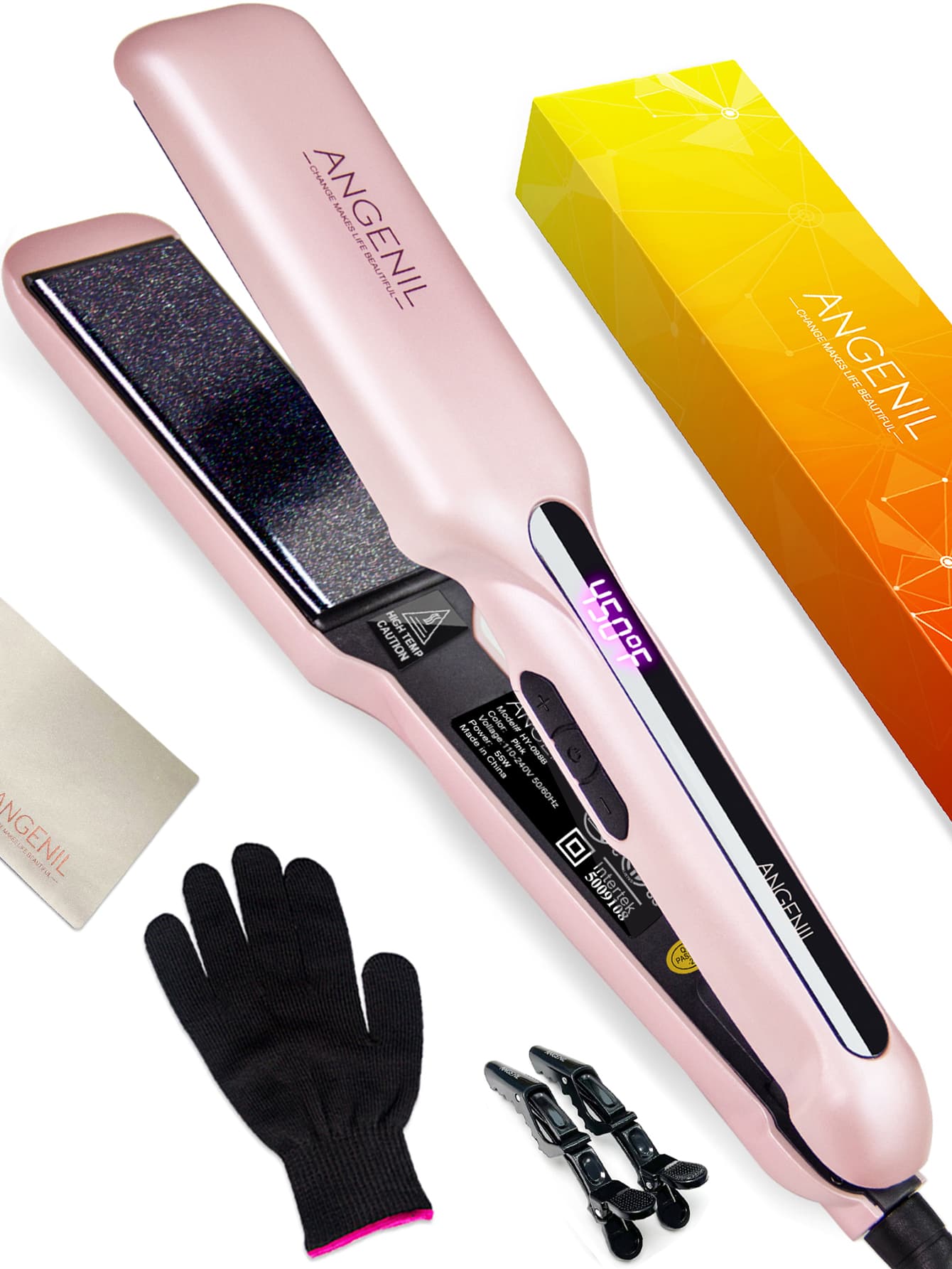 (AU)ANGENIL Argan Oil Flat Iron Curling Iron in One, Professional Portable Dual Voltage Ceramic Hair Straightener, 1.6 Inch Wide Flat Iron for Thick Hair, Fast Straightening Styling, LCD Display-Pink-1