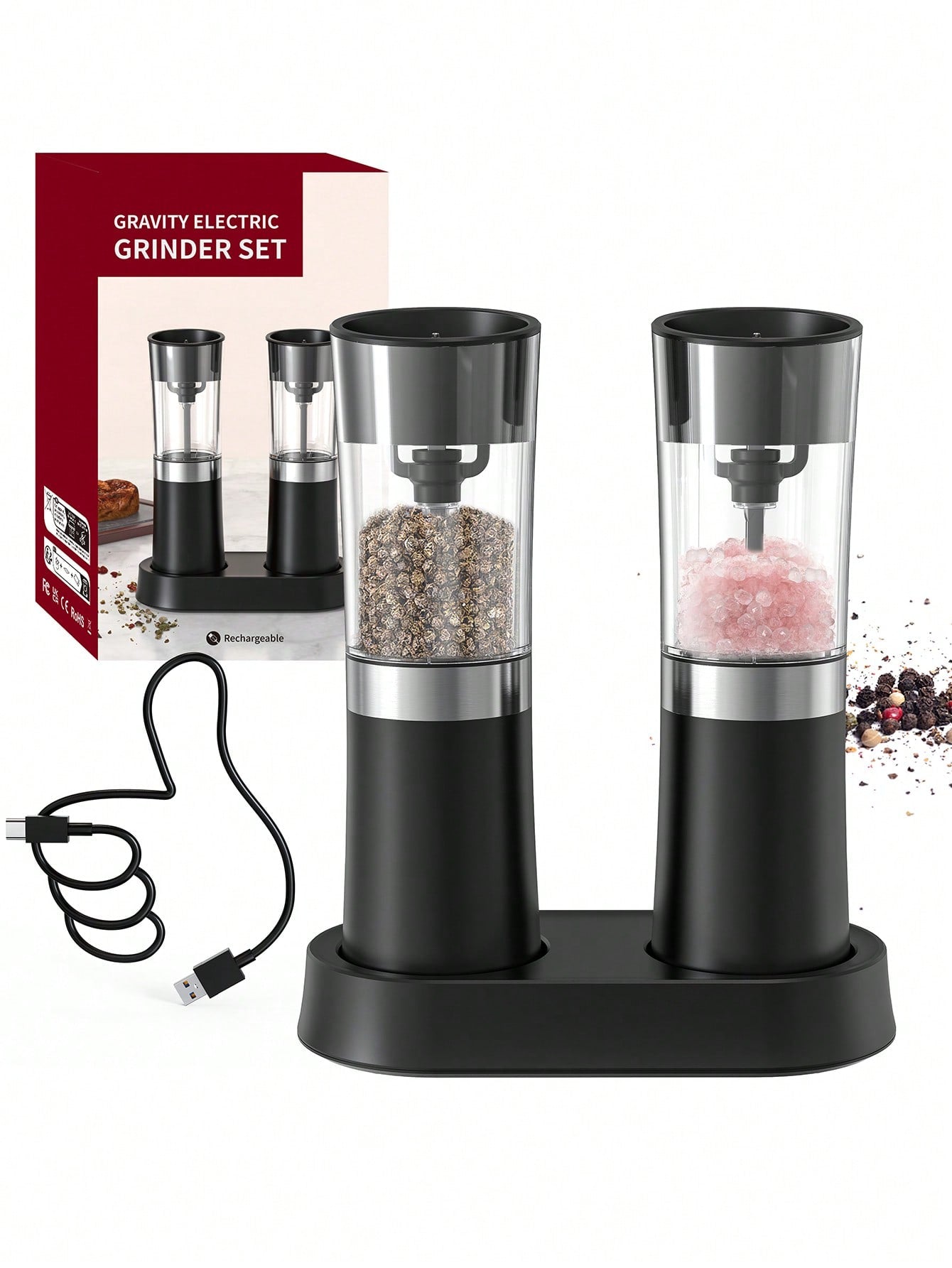 [Upgraded Larger Capacity] Gravity Electric Salt And Pepper Grinder Set - USB Rechargeable With Dual Charging Base - Automatic One Hand Operation - Adjustable Coarseness & LED Light ,Refillabl,Electric Gravity Salt And Pepper Grinder Set Of 2,-Black-1