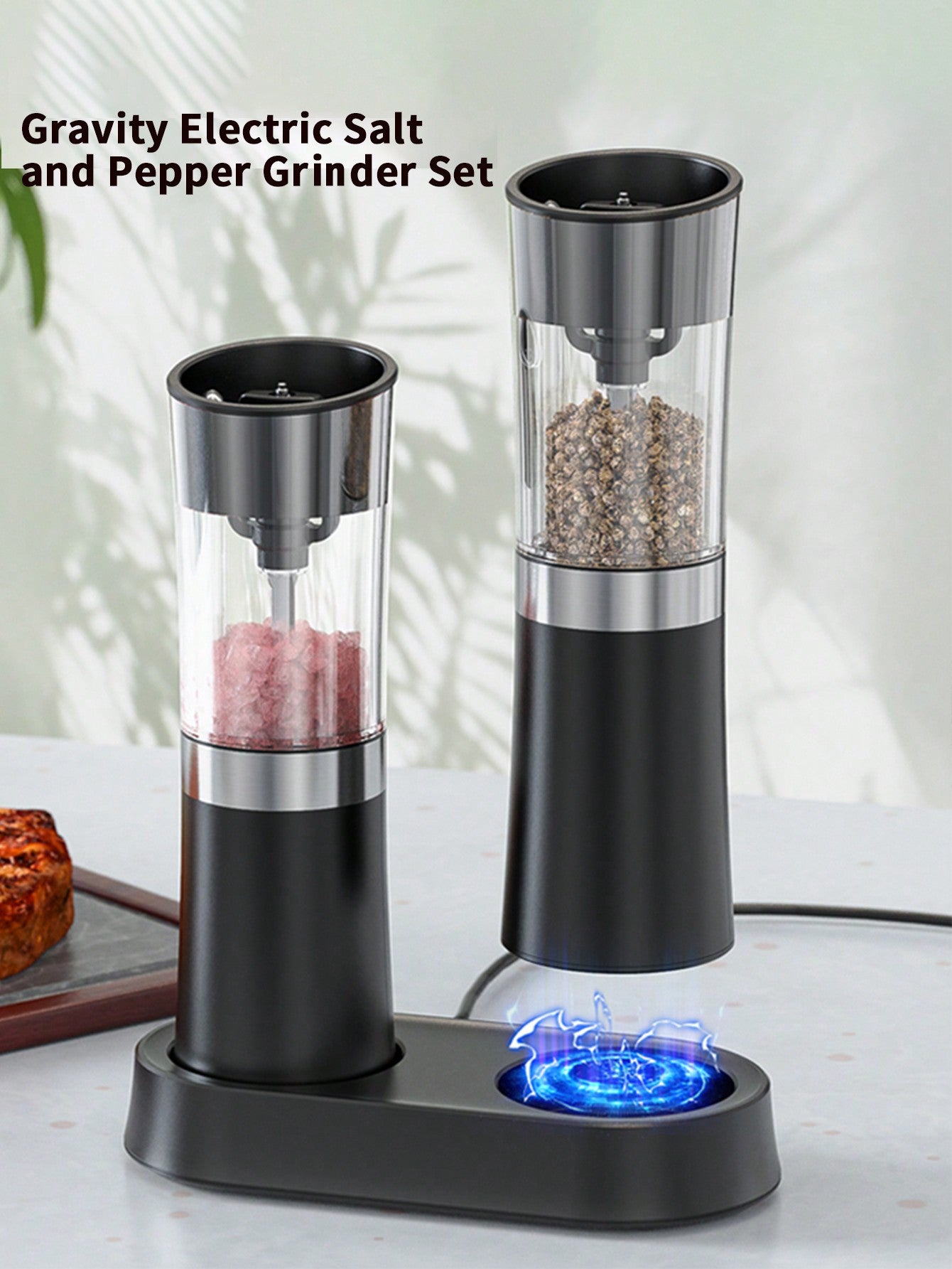 [Upgraded Larger Capacity] Gravity Electric Salt And Pepper Grinder Set - USB Rechargeable With Dual Charging Base - Automatic One Hand Operation - Adjustable Coarseness & LED Light ,Refillabl,Electric Gravity Salt And Pepper Grinder Set Of 2,-Black-2