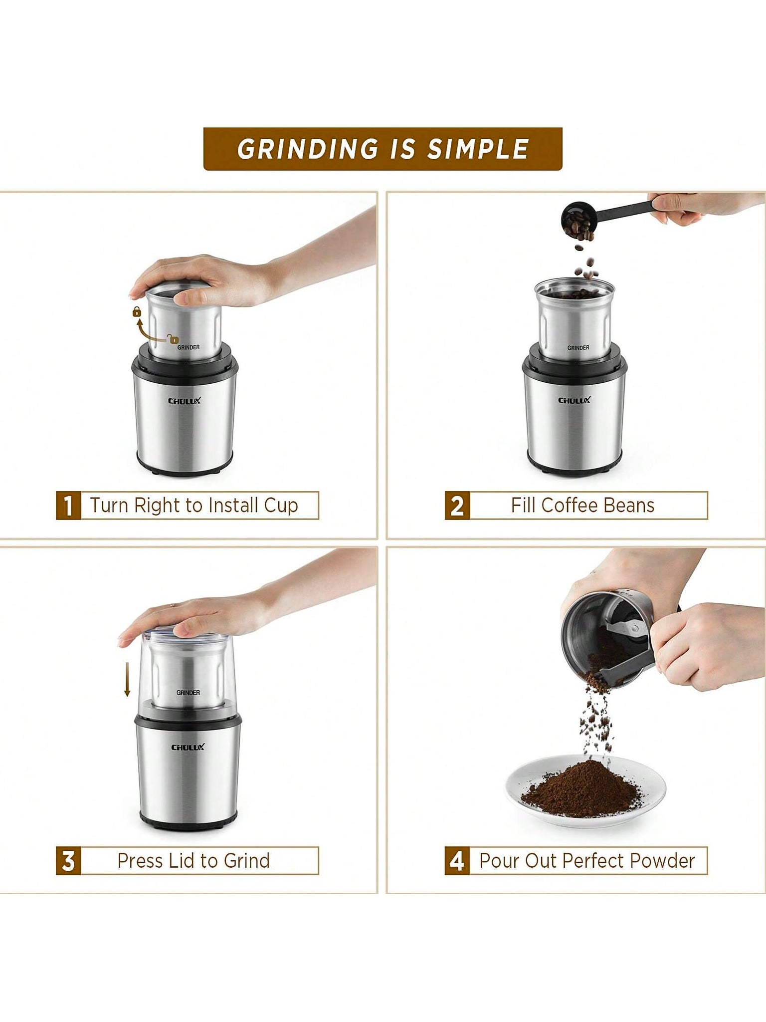 1 2.65 Oz Plug-type Electric Coffee Grinder, Silver, Fast Grinding, Wet And Dry Cup Use, Suitable For Coffee, Spices, Herbs, Nuts, Cereals-Silver-2