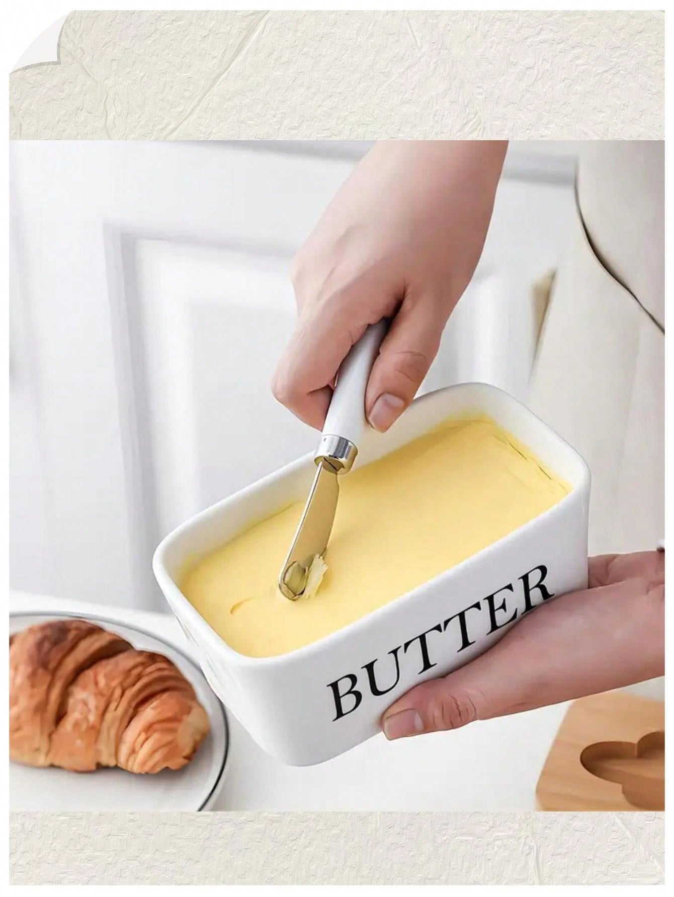 1pc Ceramic Butter Dish With Lid And Knife, Silicone Seal Ring