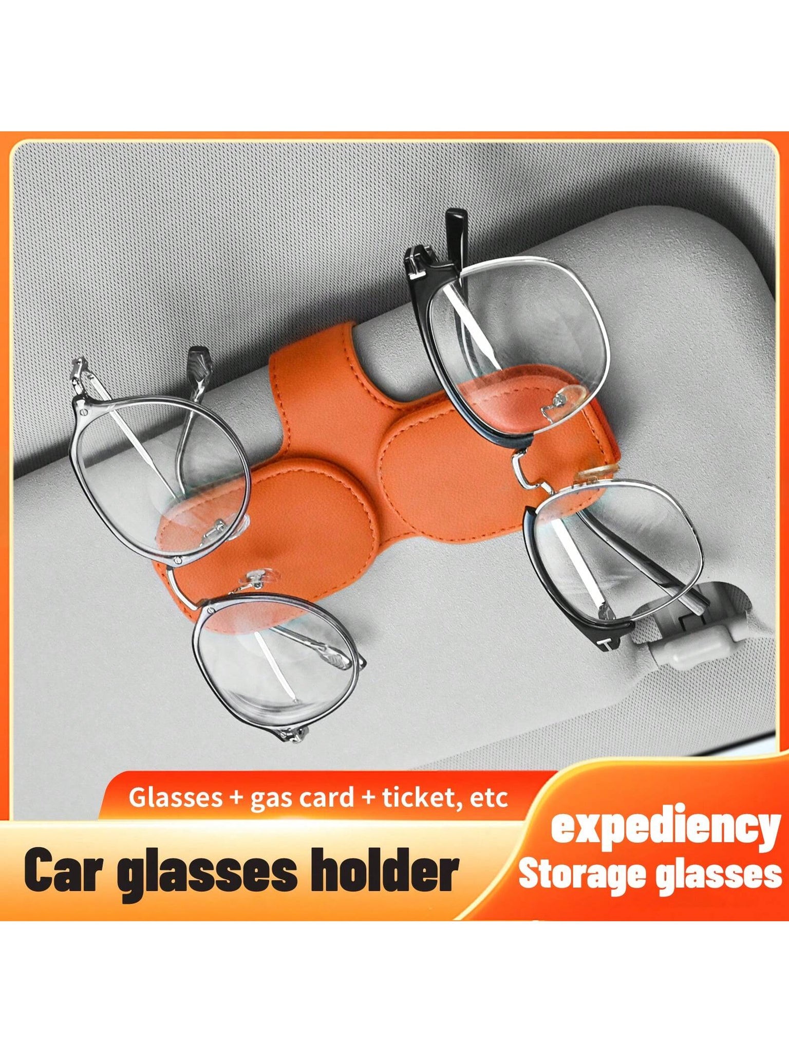 1 Car Glasses Clip, Car Sun Visor Storage Artifact, Multi-Functional Creative Leather Sunglasses Card, Bill Holder, Double Clip Sunglasses Holder, Car Sun Visor Accessories-Orange-2