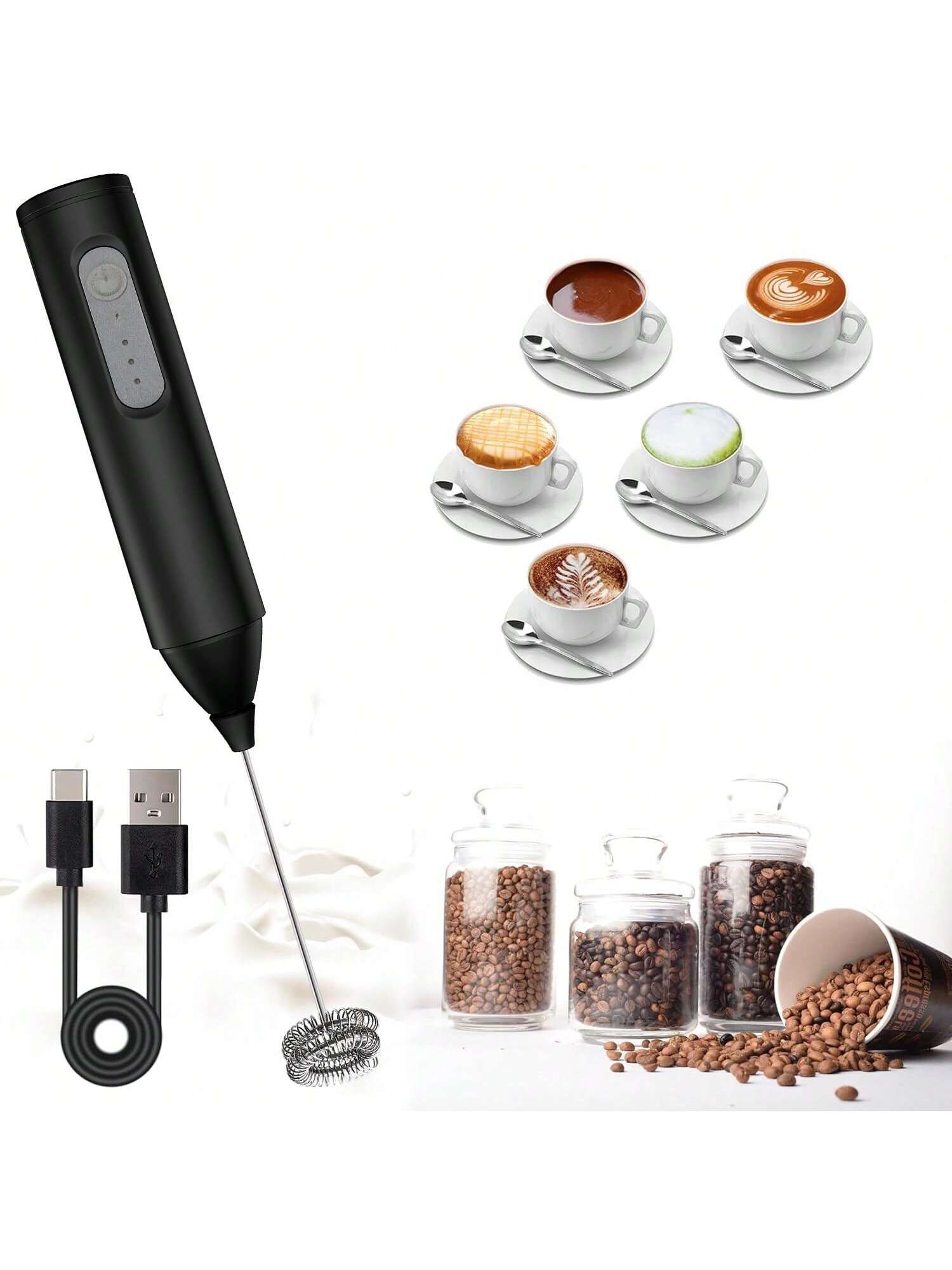 Black Handheld Milk Frother Wand Battery Coffee Foam Maker Stainless S