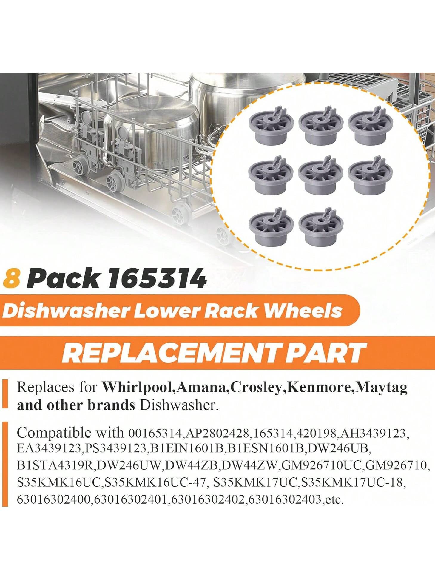 ( 8 Pack )165314 Dishwasher Lower Rack Wheels UPGRADED Fit For Bosch Kenmore Dishwasher 165314 Dishwasher Wheels Replace 420198 AP2802428 PS3439123 423232 EAP3439123 PS8697067 Dishwasher Rack Number-Grey-2