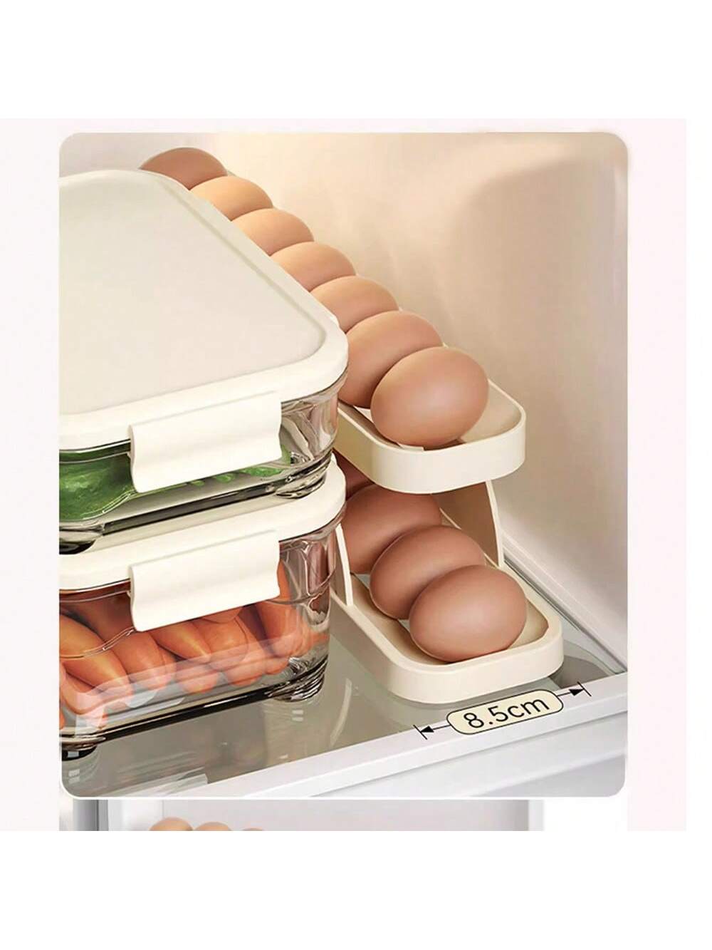 (1PC )Egg Holder For Refrigerator,2 Tier Auto Rolling Egg Dispenser Holder 15 Eggs,Space Saving Egg Storage For Fridge & Countertop,Roll Down Slide Ramp Track,Creamy White-Beige-5