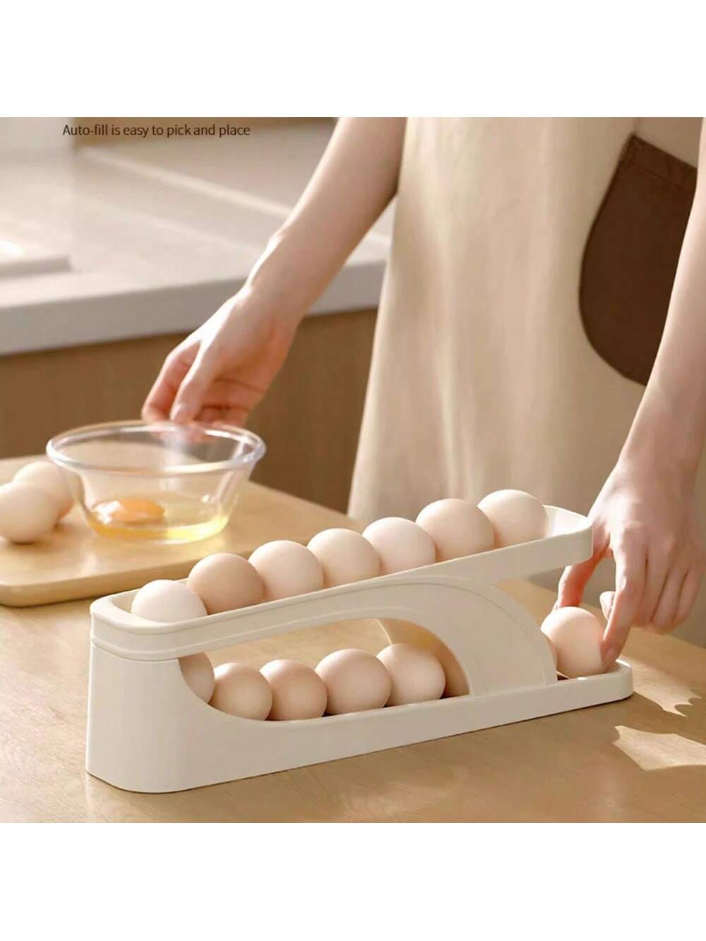 (1PC )Egg Holder For Refrigerator,2 Tier Auto Rolling Egg Dispenser Holder 15 Eggs,Space Saving Egg Storage For Fridge & Countertop,Roll Down Slide Ramp Track,Creamy White-Beige-3