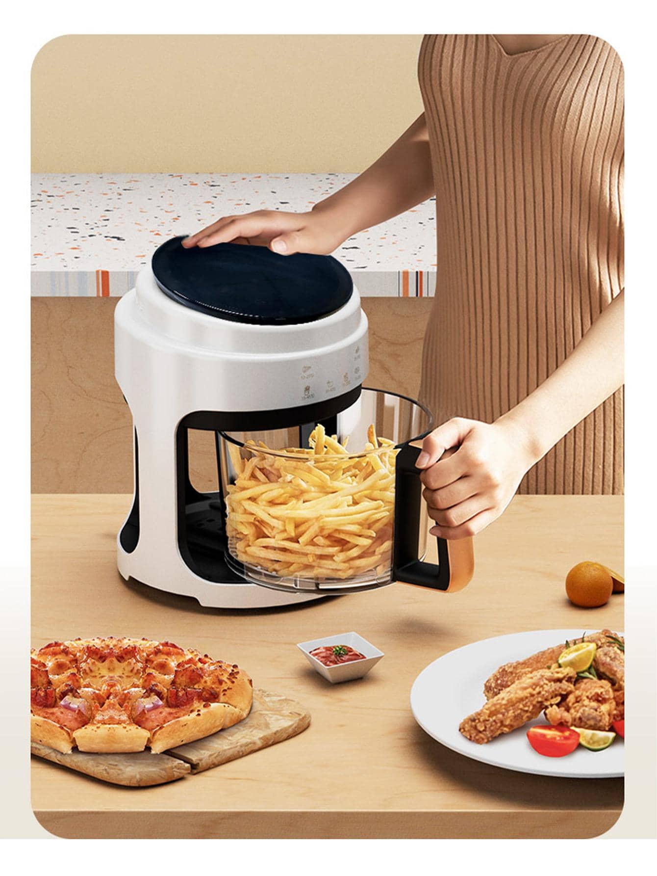 1pc Tempered Glass Air Fryer, Modern Two Tone 4L Multifunctional Fully Automatic Fryer For Kitchen