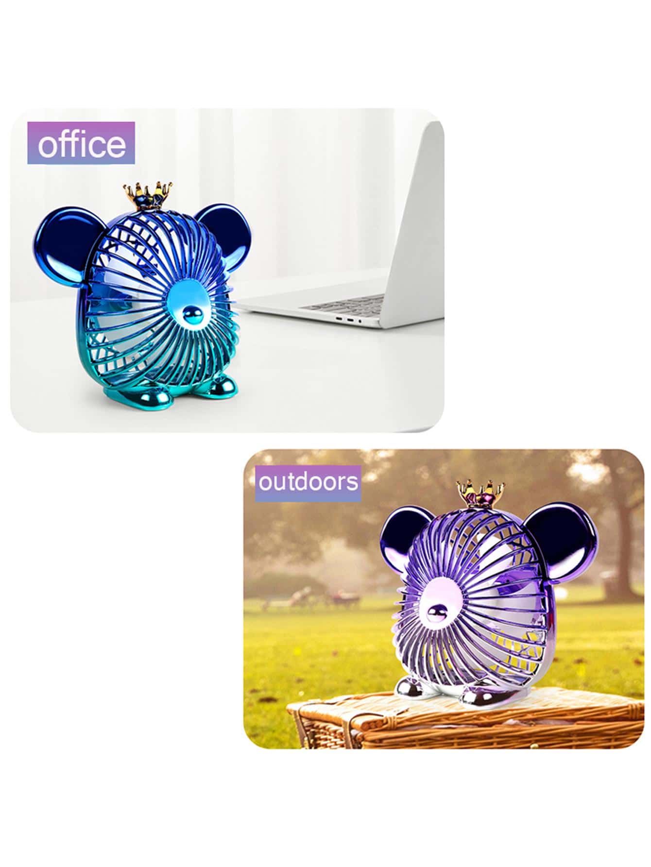 1pc Portable Rechargeable Plastic Desk Fan, Creative Purple Bear Head Design Desktop Fan For Home