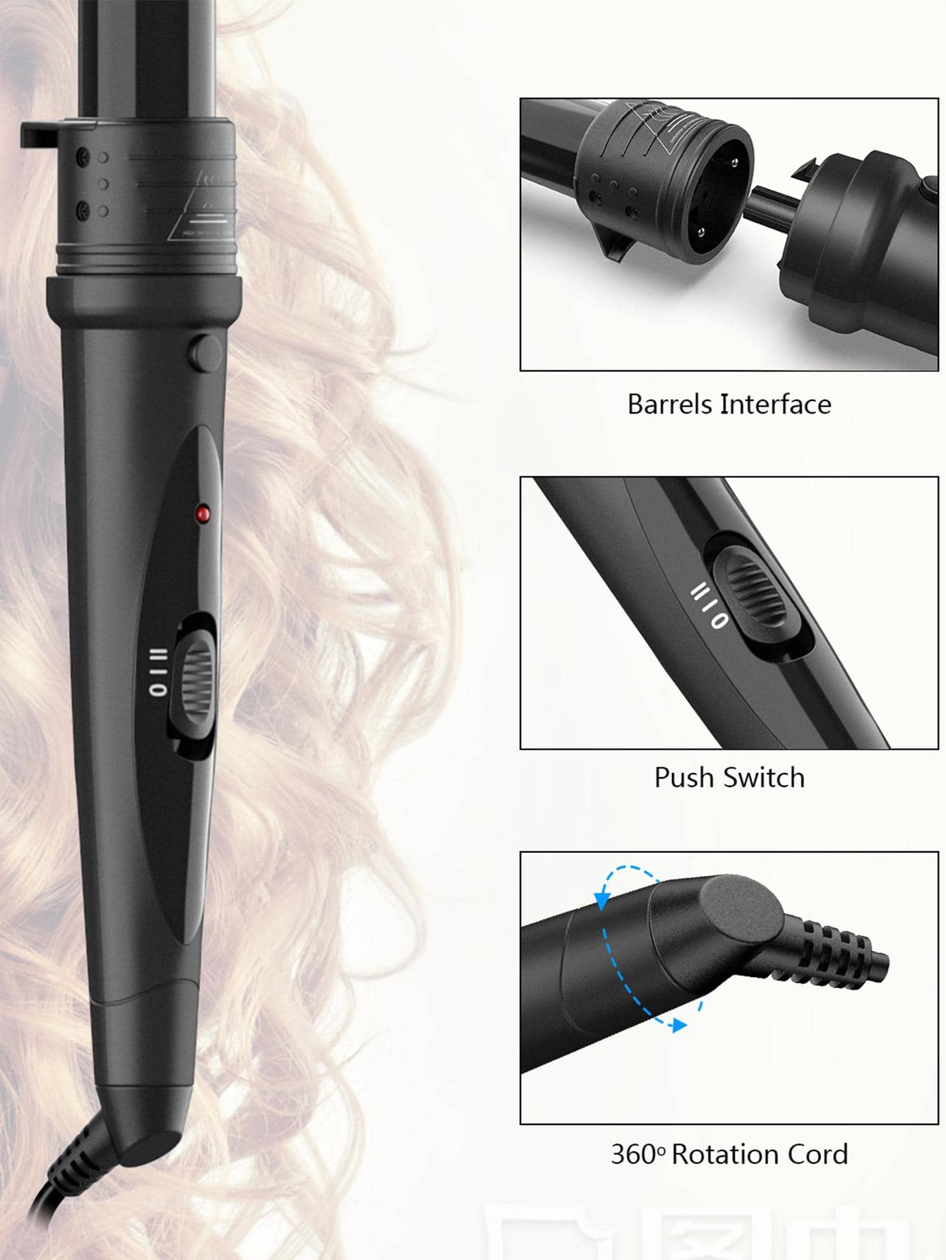 1set 5 In 1 Curling Iron, Upgrade Curling Wand, 0.35 To 1.25 Inch Interchangeable