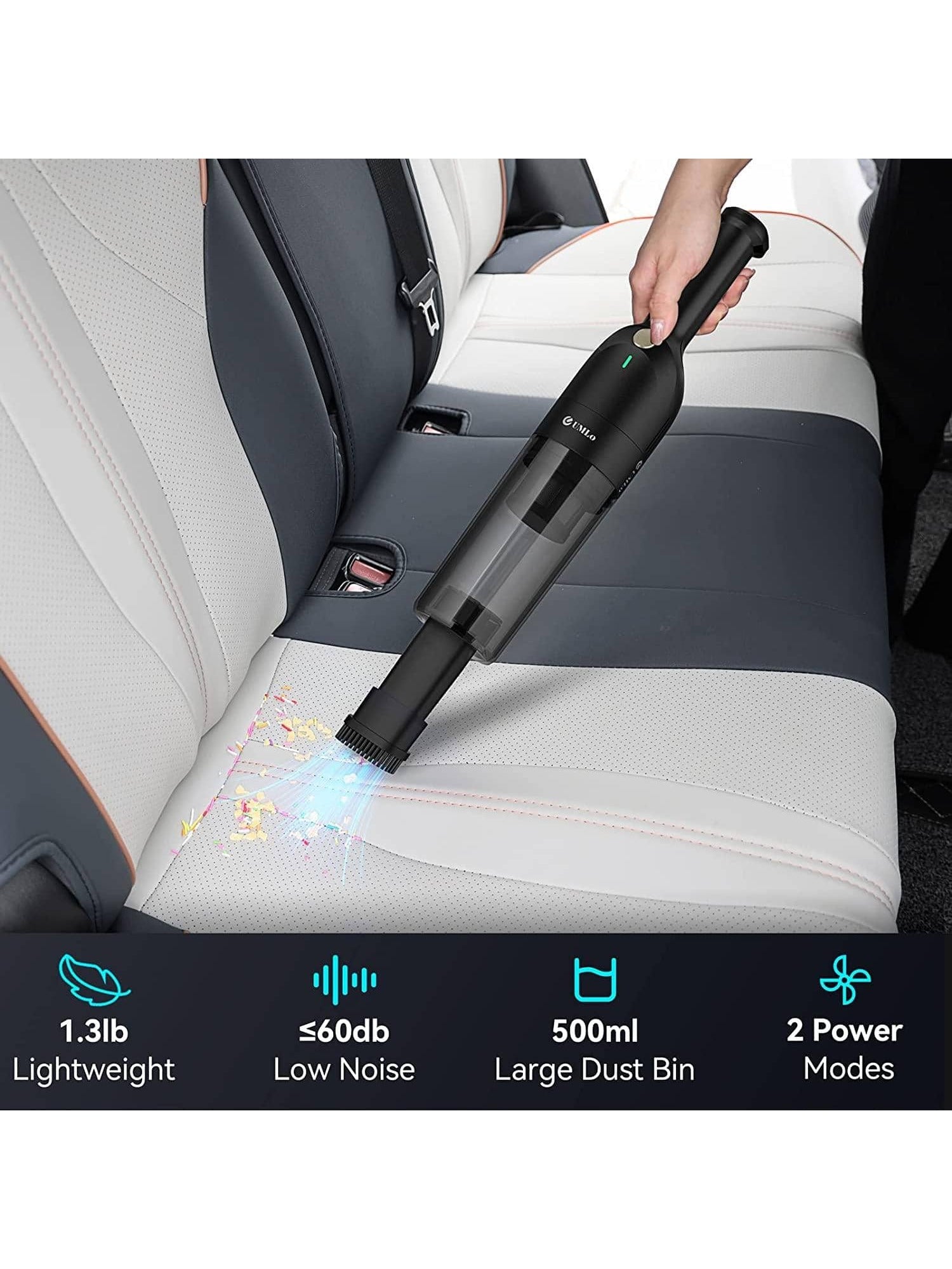 UMLo Handheld Vacuum Cleaner, Cordless Rechargeable Hand Vacuum with 30 Mins Runtime, Lightweight Powerful Car Vacuum Cleaner with 2 Power Modes, 500ML Dustbin for Home Car Office Quick Cleanups