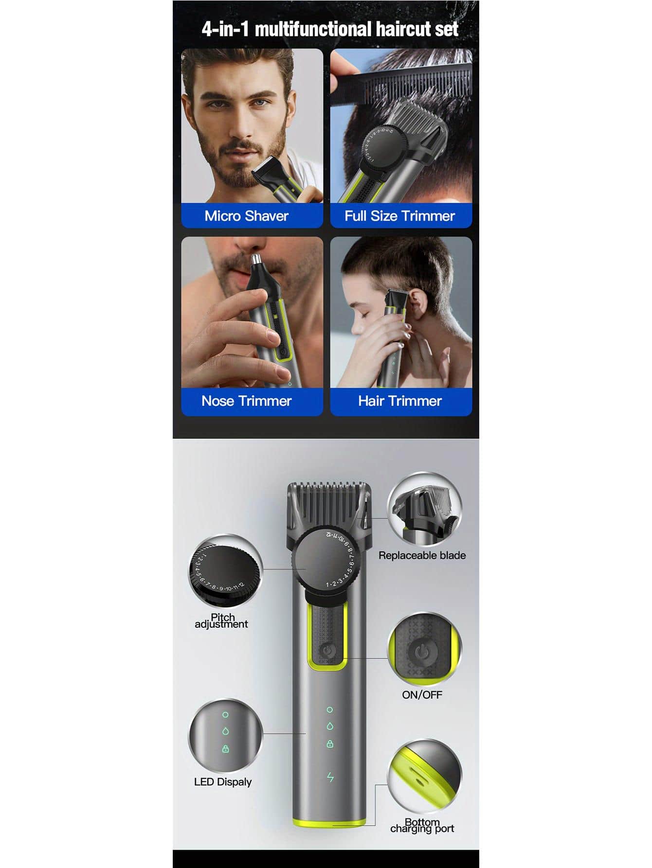1pc Cordless Beard Trimmer For Men 4 In 1 Hair Trimmer Grooming Kit Adjustable Nose Hair Trimmer USB Rechargeable