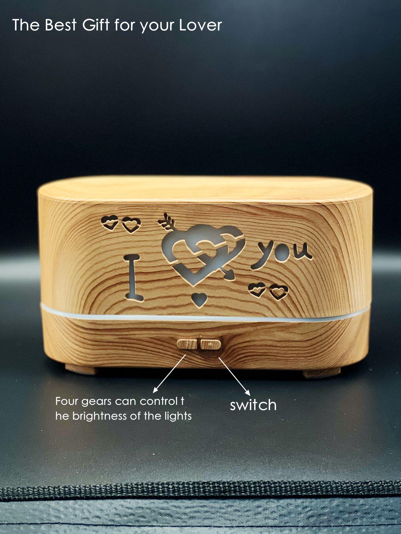 1pc ABS Essential Oil Diffuser, Modern Wood Grain & Hollow Out Heart Pattern Simulate Flame Design Electric Aroma Diffuser For Home