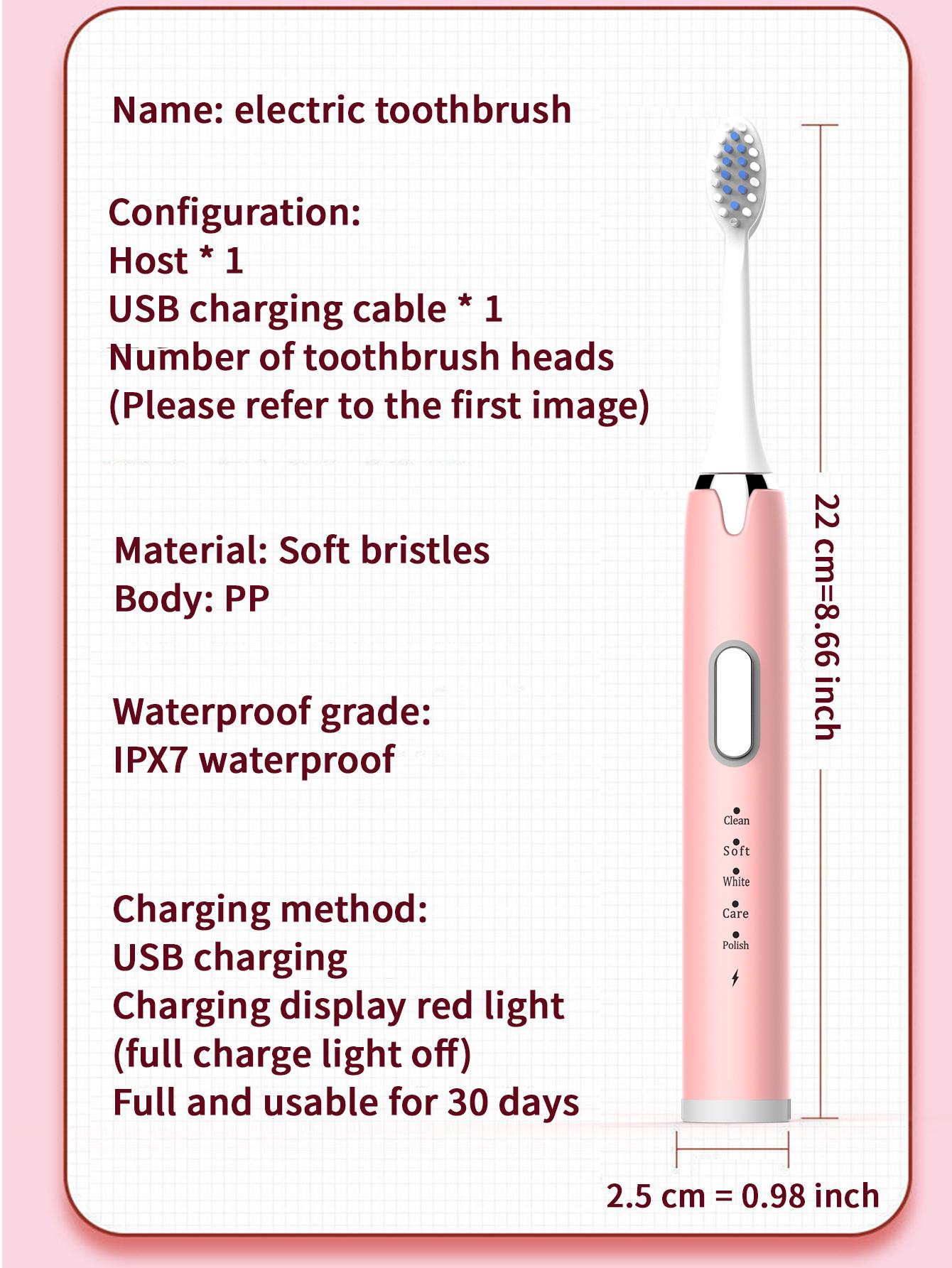 1pc PP Electric Toothbrush & 7pcs/set Replacement Toothbrush Head, Modern Pink Waterproof Portable Electric Toothbrush For Bathroom