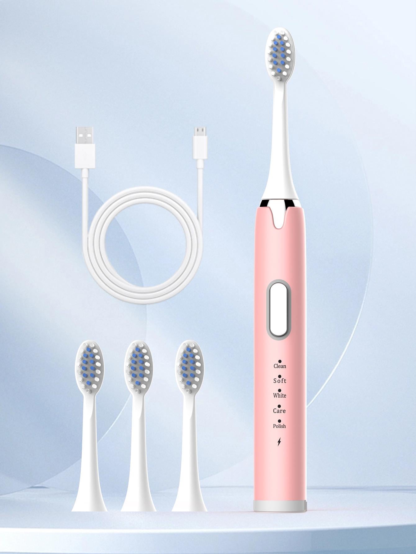 1pc PP Electric Toothbrush & 7pcs/set Replacement Toothbrush Head, Modern Pink Waterproof Portable Electric Toothbrush For Bathroom