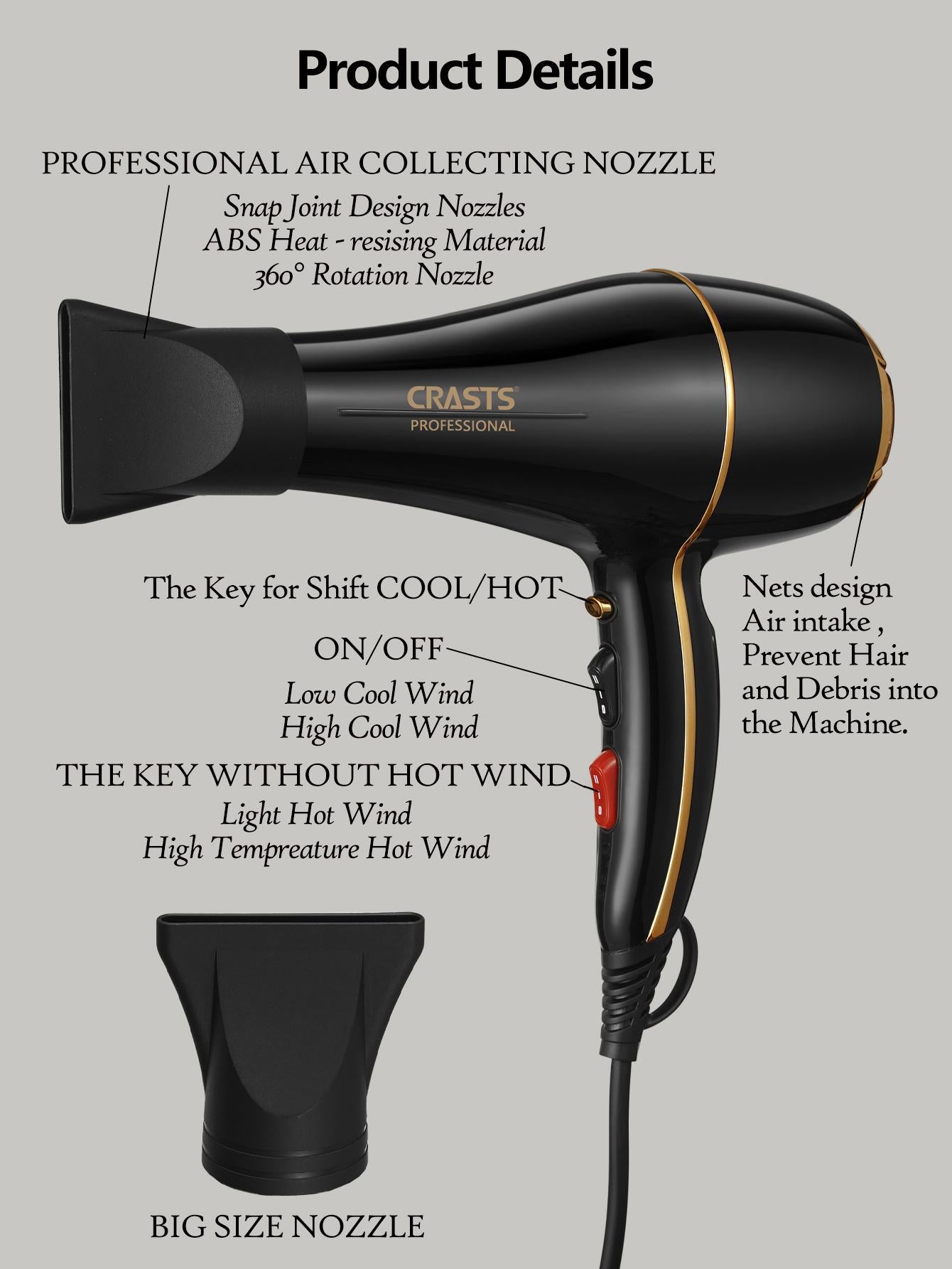 1pc Plastic Hair Dryer With 2pcs Nozzle, Modernist Two Tone Hair Dryer For Bathroom