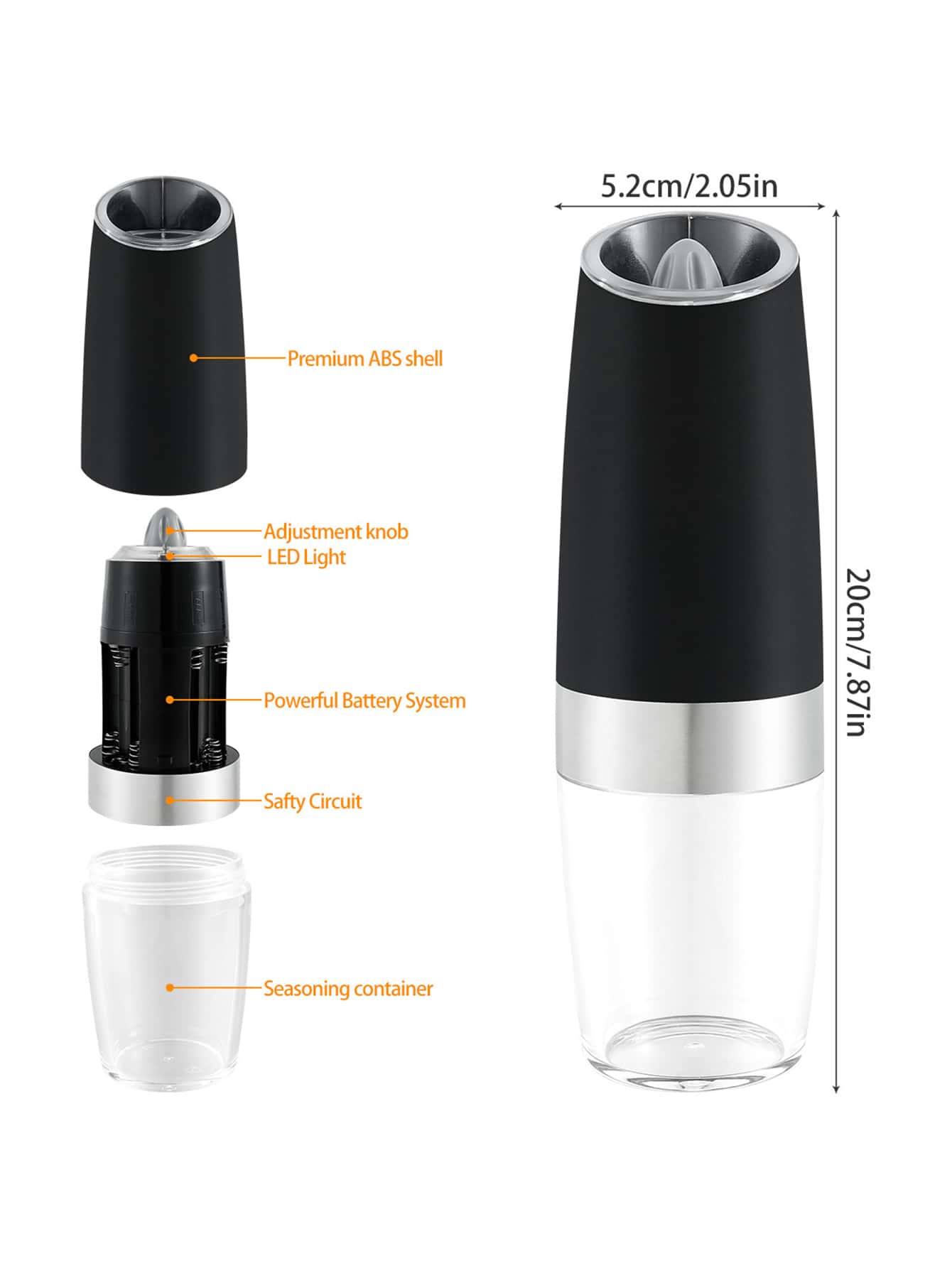 1pc Gravity Electric Salt & Pepper Mill Set, Automatic Pepper And Salt Grinder, Electric Grinding Machine, No Battery Required, With Blue Led Light, Adjustable Coarseness Electric Pepper Grinder, Refillable Salt And Pepper Shakers-Silver-7