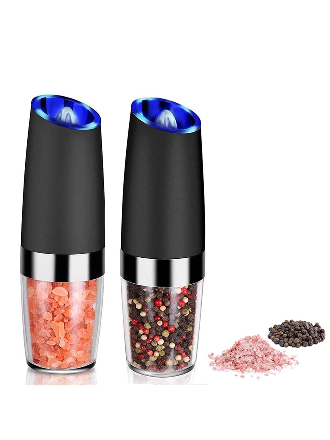 1pc Gravity Electric Salt & Pepper Mill Set, Automatic Pepper And Salt Grinder, Electric Grinding Machine, No Battery Required, With Blue Led Light, Adjustable Coarseness Electric Pepper Grinder, Refillable Salt And Pepper Shakers-Silver-4