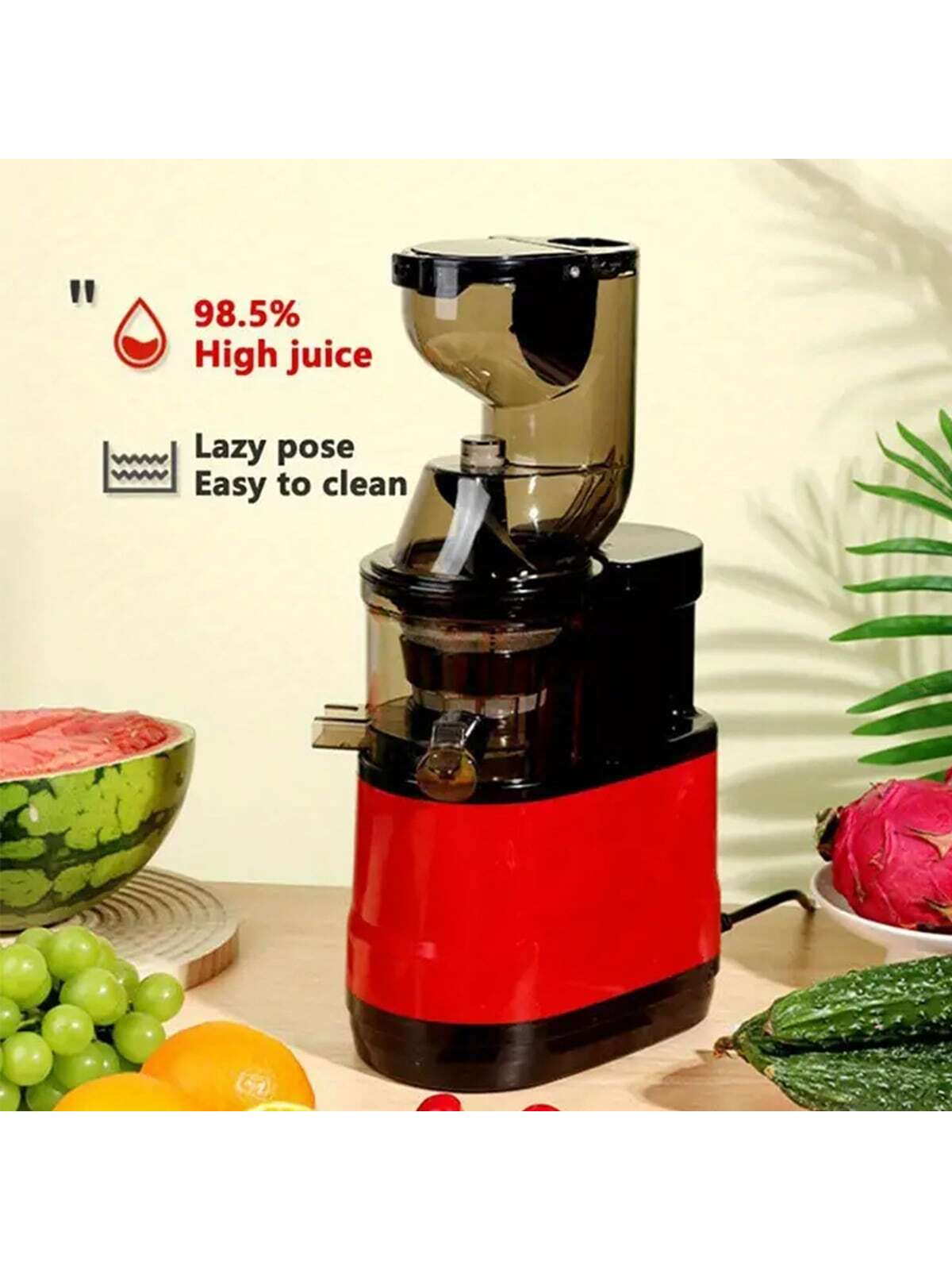 EU/US Plug Slow Juicer, Matte Black Juicer Machine, Slow Juicer Cold Press With 5.1in/14cm Wide Feed Chute, Vegetable And Fruit, Juicer Machine For Home Use With Brush, Easy To Clean, With Juice Cap Coarse Strainer-Red-7