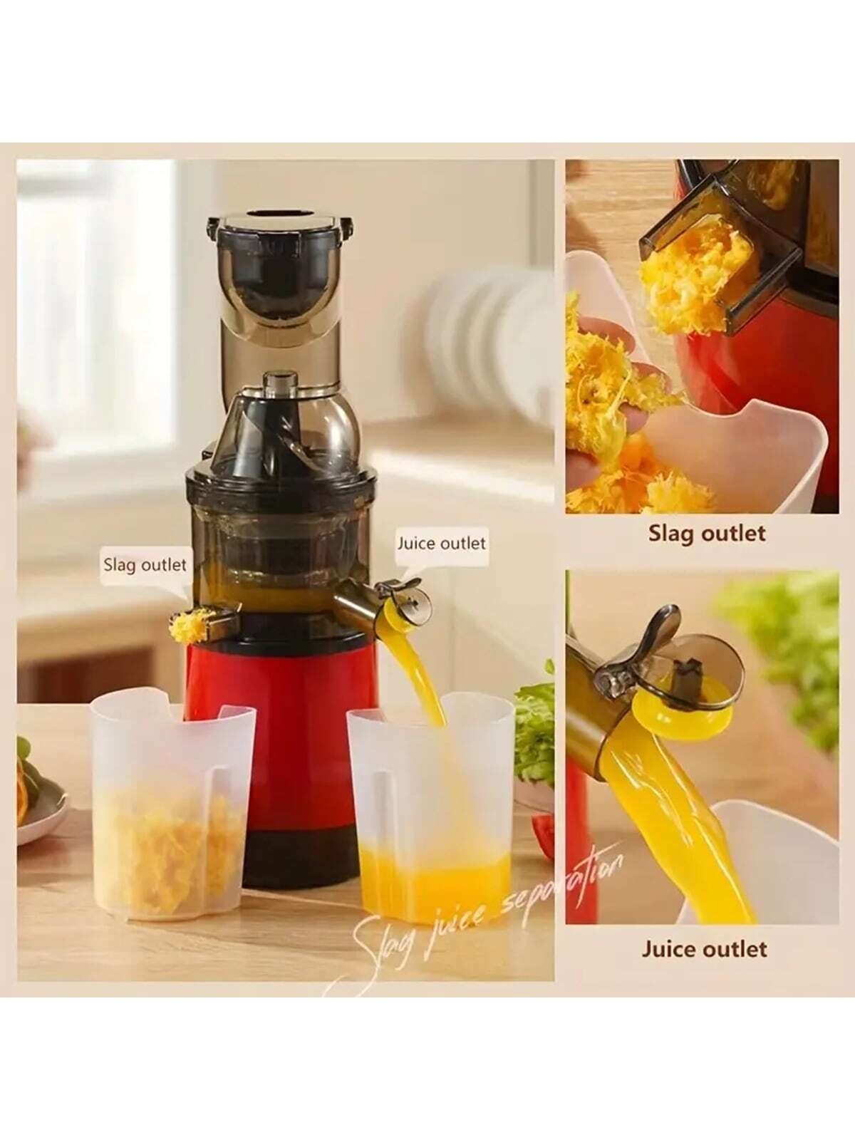 EU/US Plug Slow Juicer, Matte Black Juicer Machine, Slow Juicer Cold Press With 5.1in/14cm Wide Feed Chute, Vegetable And Fruit, Juicer Machine For Home Use With Brush, Easy To Clean, With Juice Cap Coarse Strainer-Red-4