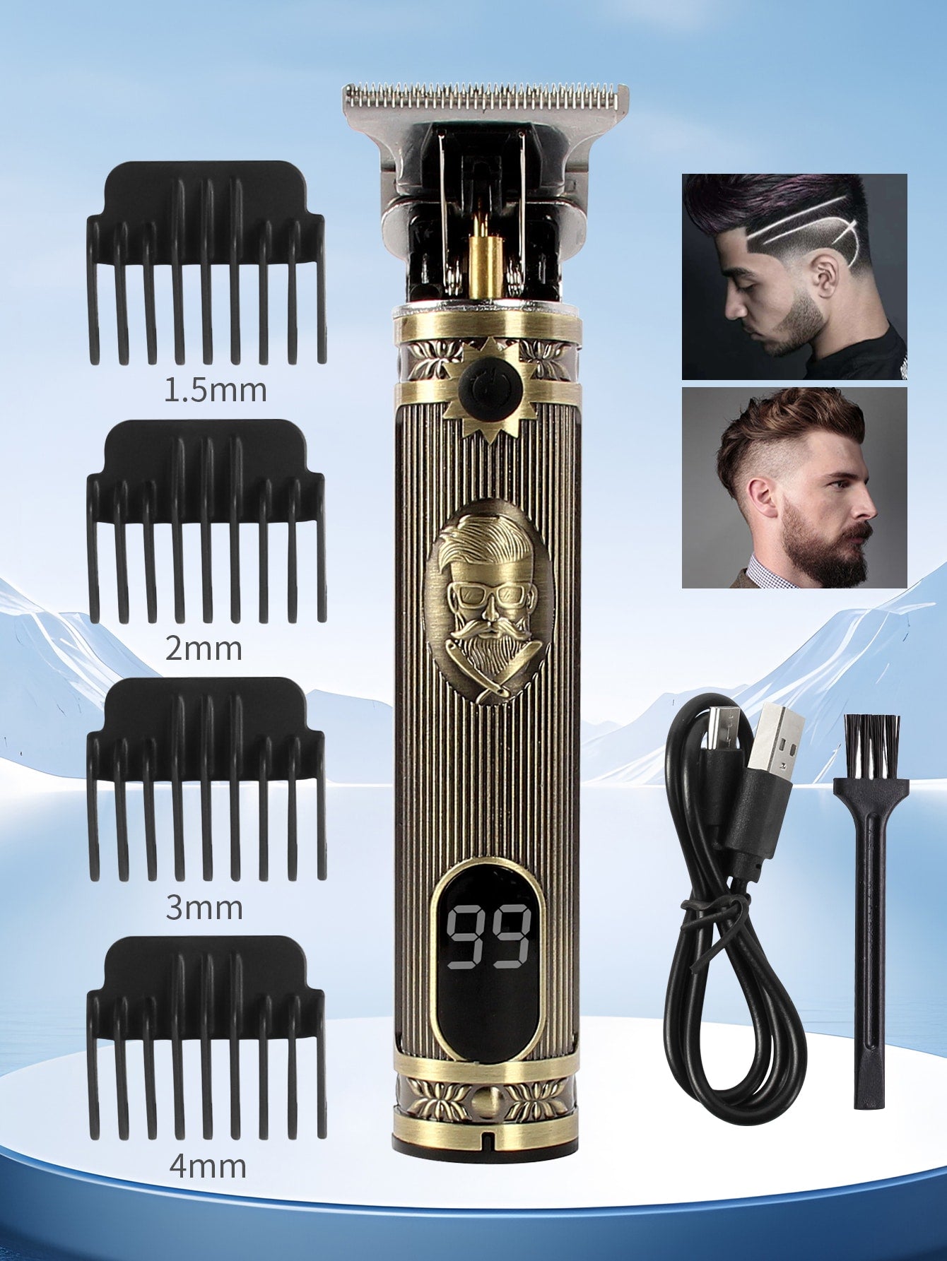 1PC Electric Hair Clippers USB Rechargeable Cordless LCD Professional Electric Trimmers For Men Clipper hair cutting machine Shaver Vintage Oil Shaving Head Electric Pusher Carving-Bronze-1