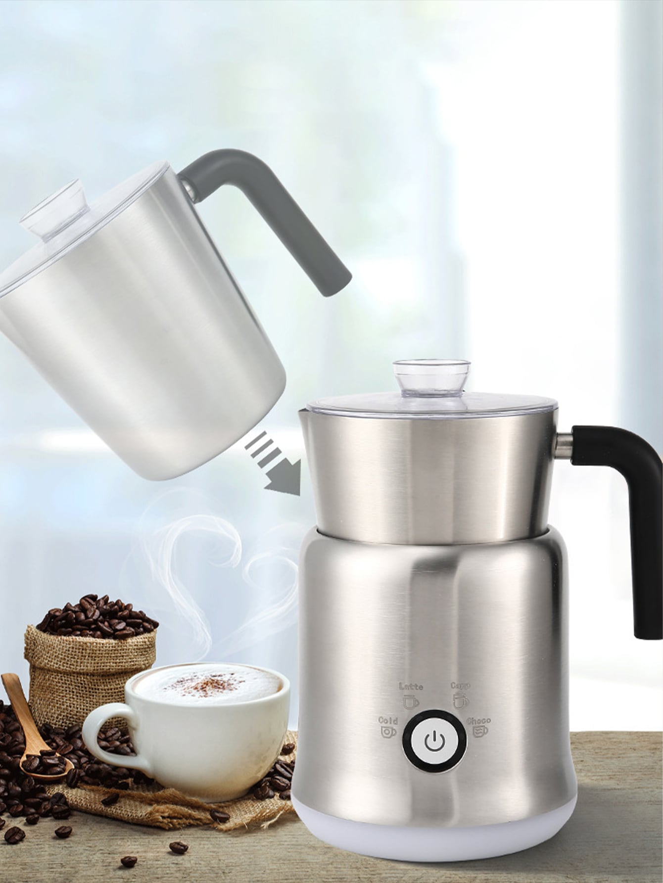 1pc Electric Milk Frother With Big Capacity, Stainless Steel Milk Frother For Coffee & Latte Art, Suitable For Home Use-Silver-2