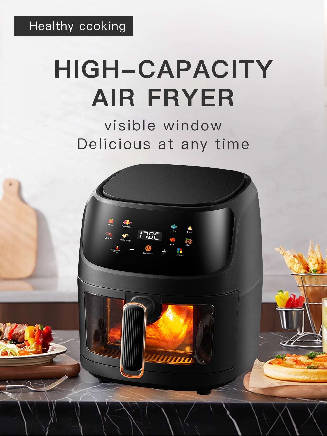 1pc Desktop Electric 6l Large Capacity Multi-functional Visible Air Fryer Qf-606 With Color Touch Screen, Suitable For Party Chicken Wings, Fries, Steak, For Home Cooking-Black-1