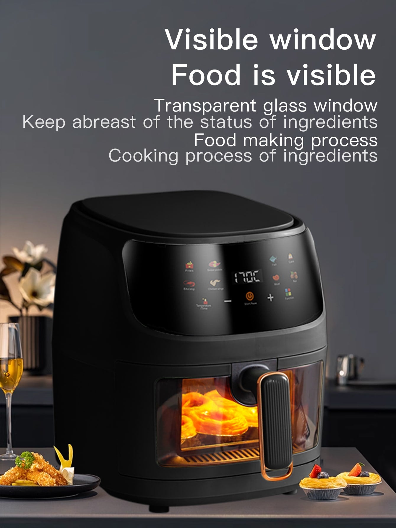1pc Desktop Electric 6l Large Capacity Multi-functional Visible Air Fryer Qf-606 With Color Touch Screen, Suitable For Party Chicken Wings, Fries, Steak, For Home Cooking-Black-2