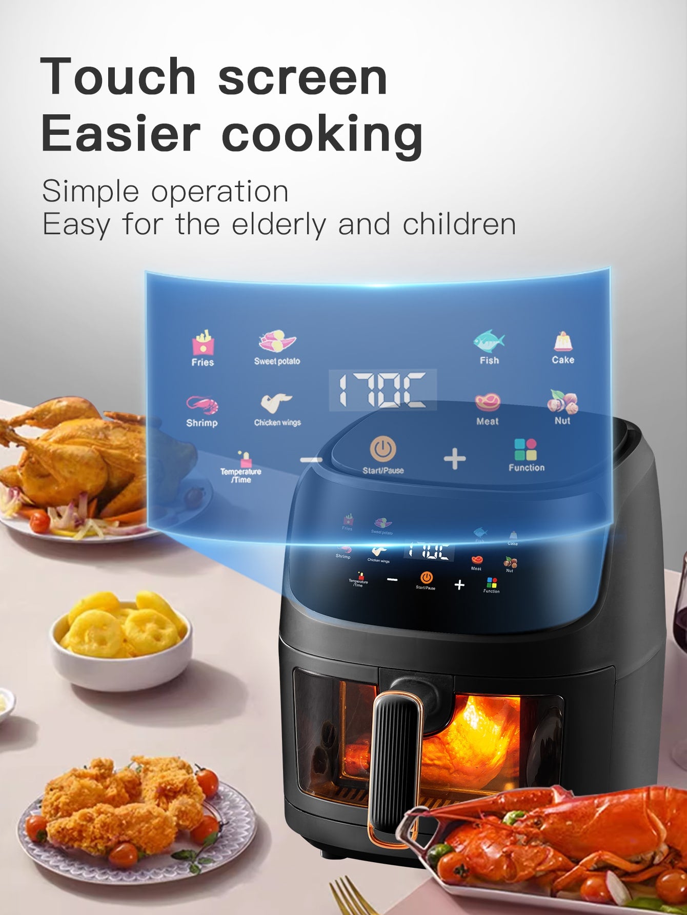 1pc Desktop Electric 6l Large Capacity Multi-functional Visible Air Fryer Qf-606 With Color Touch Screen, Suitable For Party Chicken Wings, Fries, Steak, For Home Cooking-Black-3