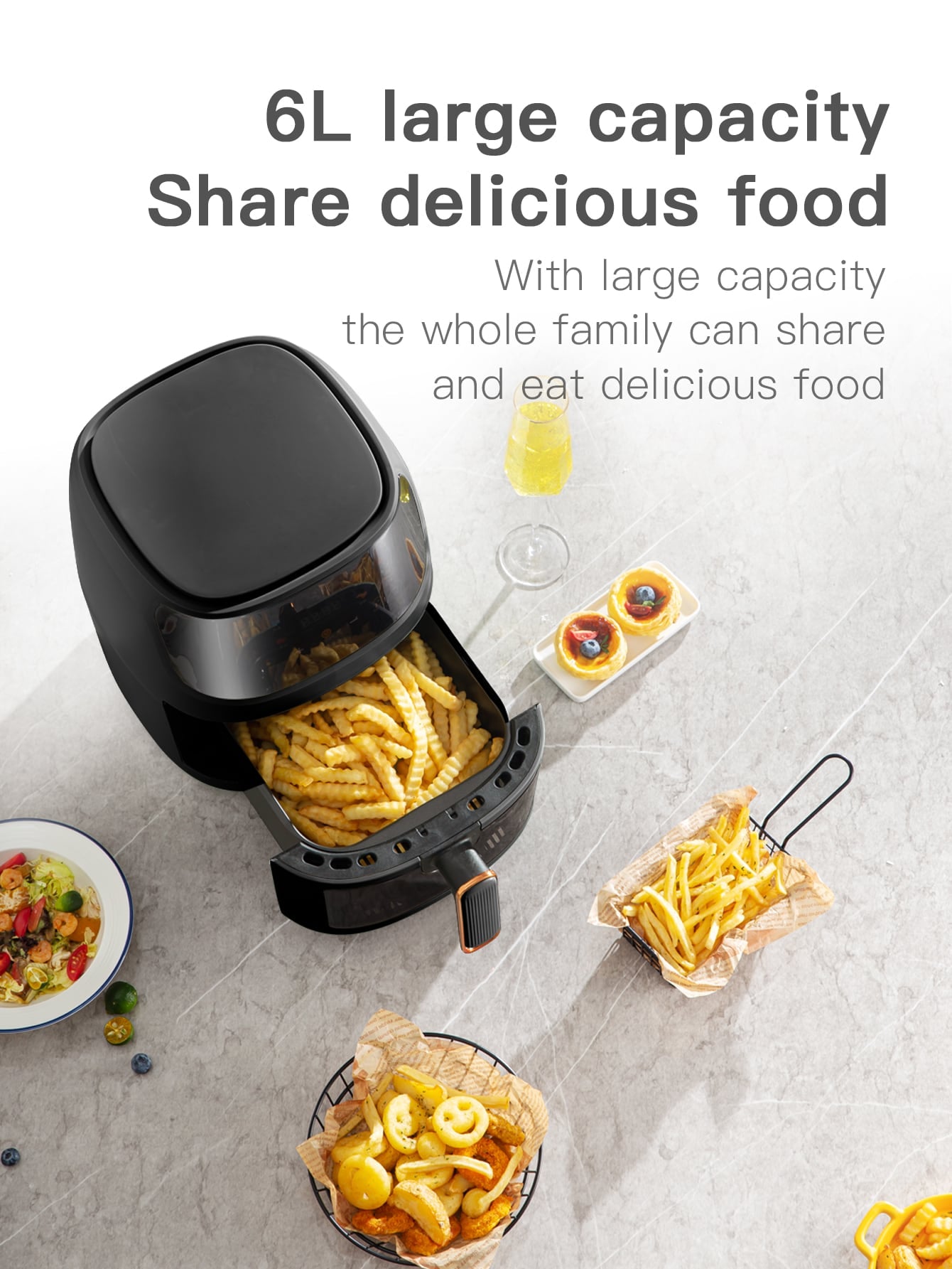 1pc Desktop Electric 6l Large Capacity Multi-functional Visible Air Fryer Qf-606 With Color Touch Screen, Suitable For Party Chicken Wings, Fries, Steak, For Home Cooking-Black-4