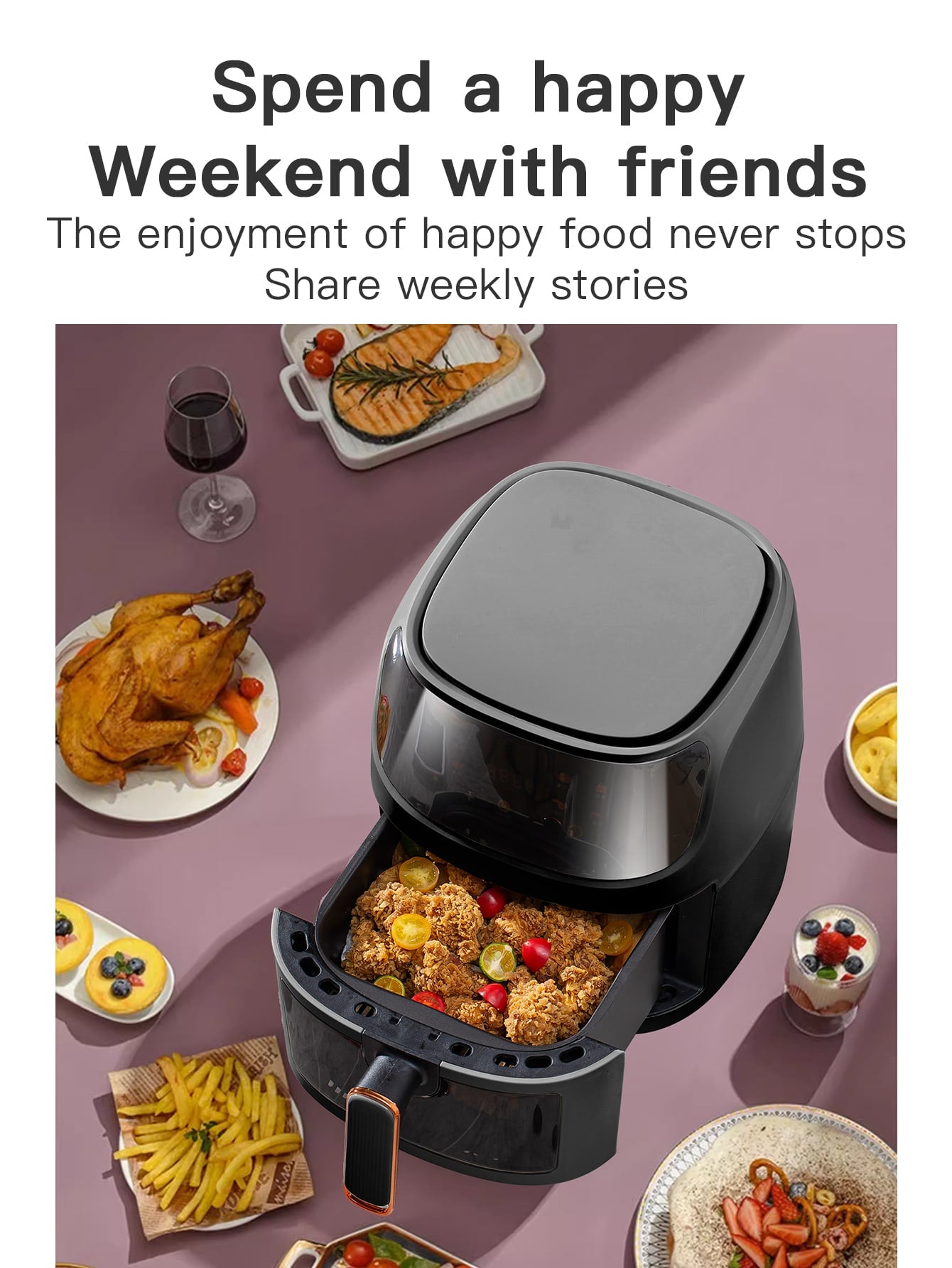 1pc Desktop Electric 6l Large Capacity Multi-functional Visible Air Fryer Qf-606 With Color Touch Screen, Suitable For Party Chicken Wings, Fries, Steak, For Home Cooking-Black-5
