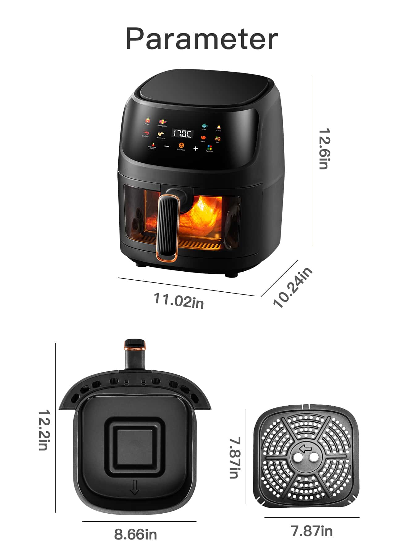 1pc Desktop Electric 6l Large Capacity Multi-functional Visible Air Fryer Qf-606 With Color Touch Screen, Suitable For Party Chicken Wings, Fries, Steak, For Home Cooking-Black-10