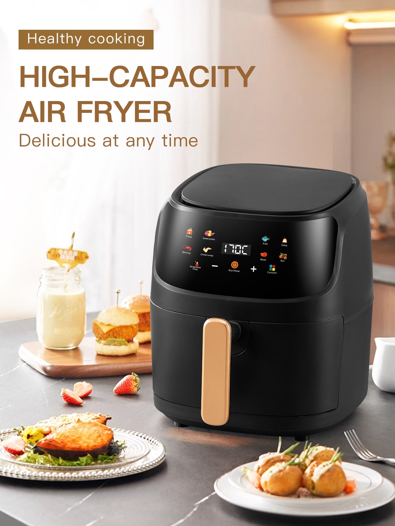 1pc 8l Large Capacity Removable Air Fryer Qf-606, Color Screen One Button Start Non-stick Inner Pot, Multifunctional Grill Machine For Cooking Meat, Chicken Wings, Cakes, Bbq, Home Use-Black-1