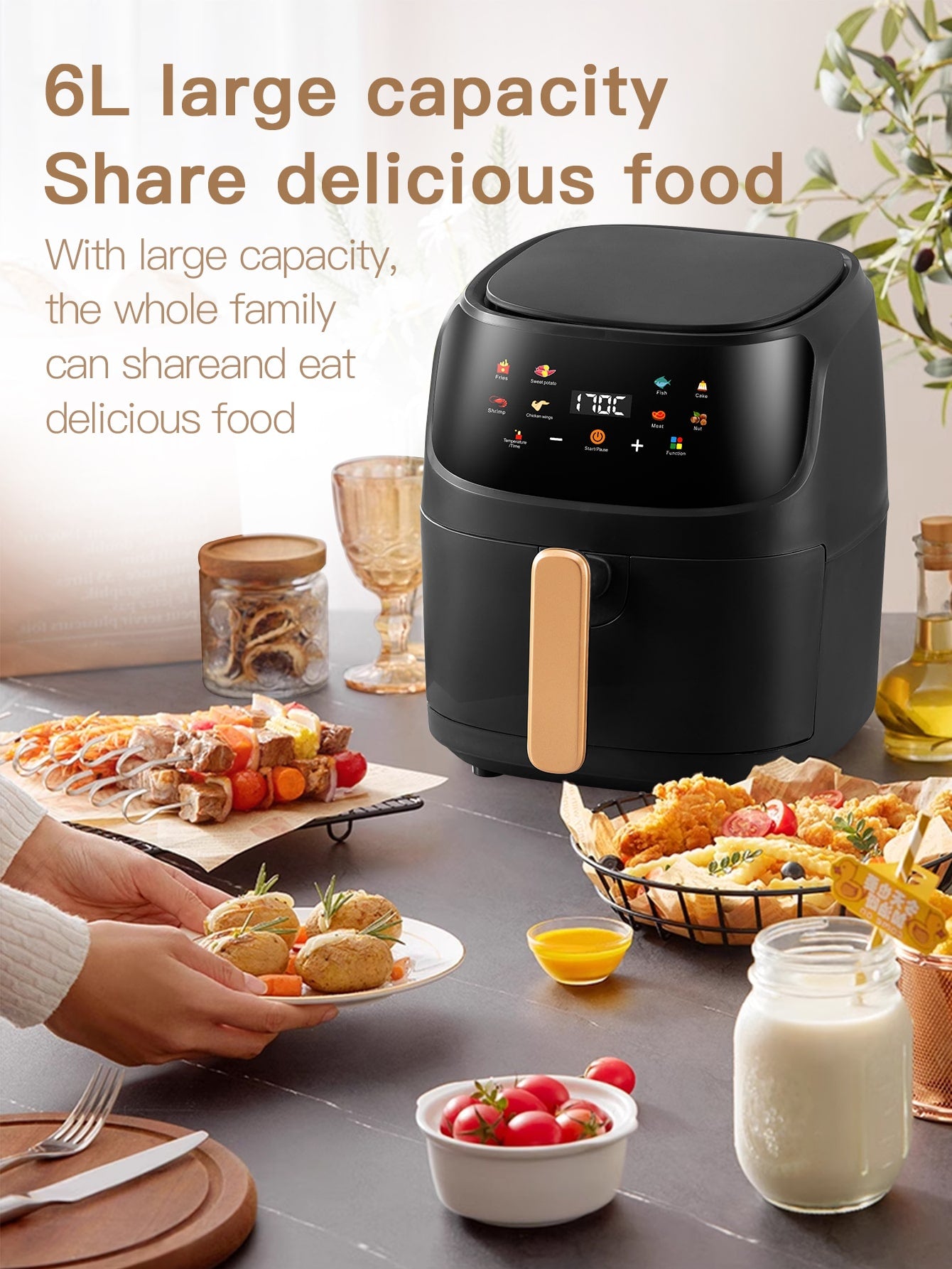 1pc 8l Large Capacity Removable Air Fryer Qf-606, Color Screen One Button Start Non-stick Inner Pot, Multifunctional Grill Machine For Cooking Meat, Chicken Wings, Cakes, Bbq, Home Use-Black-3