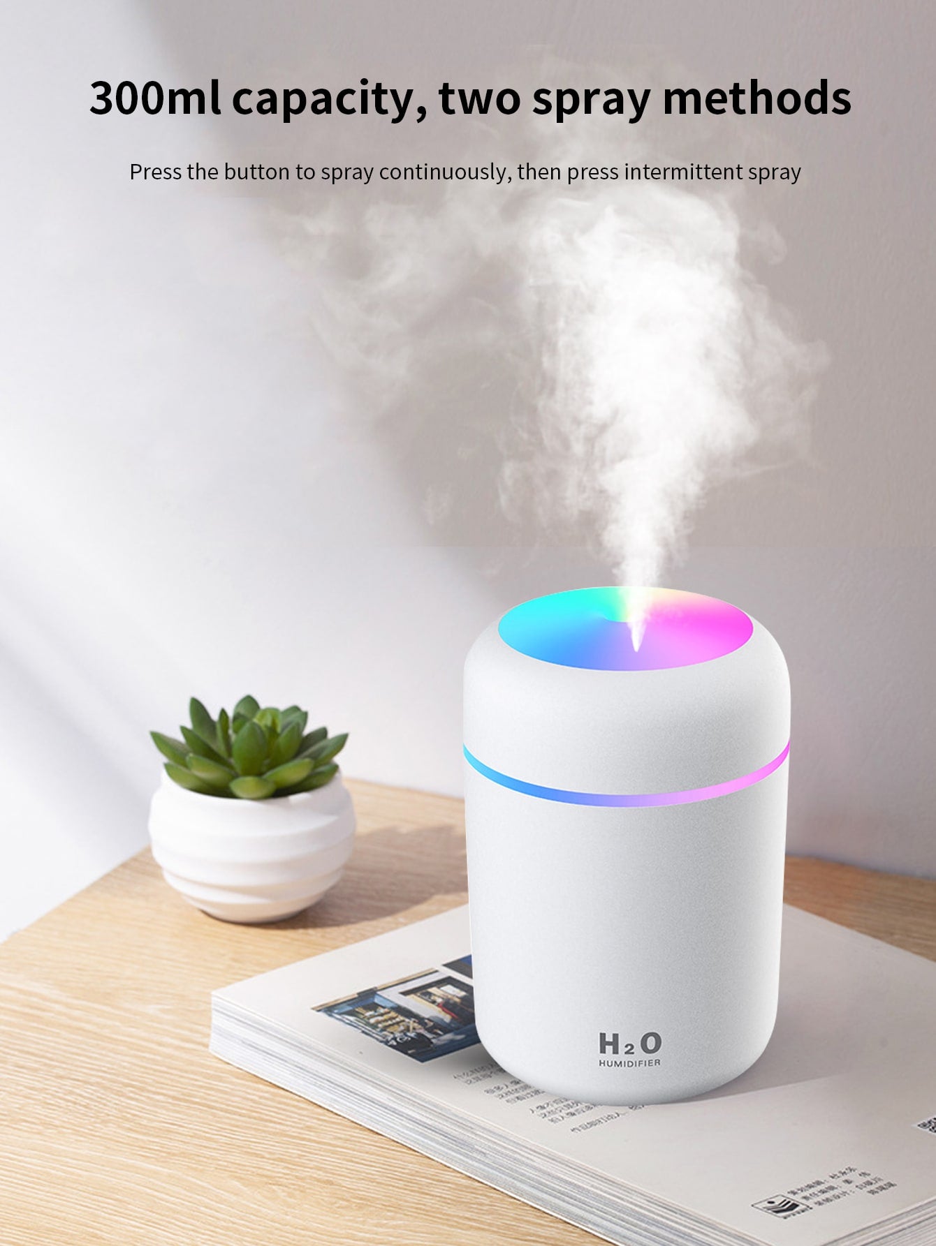 Portable Cool Mist Humidifier 300ml USB with 7 Color LED Night