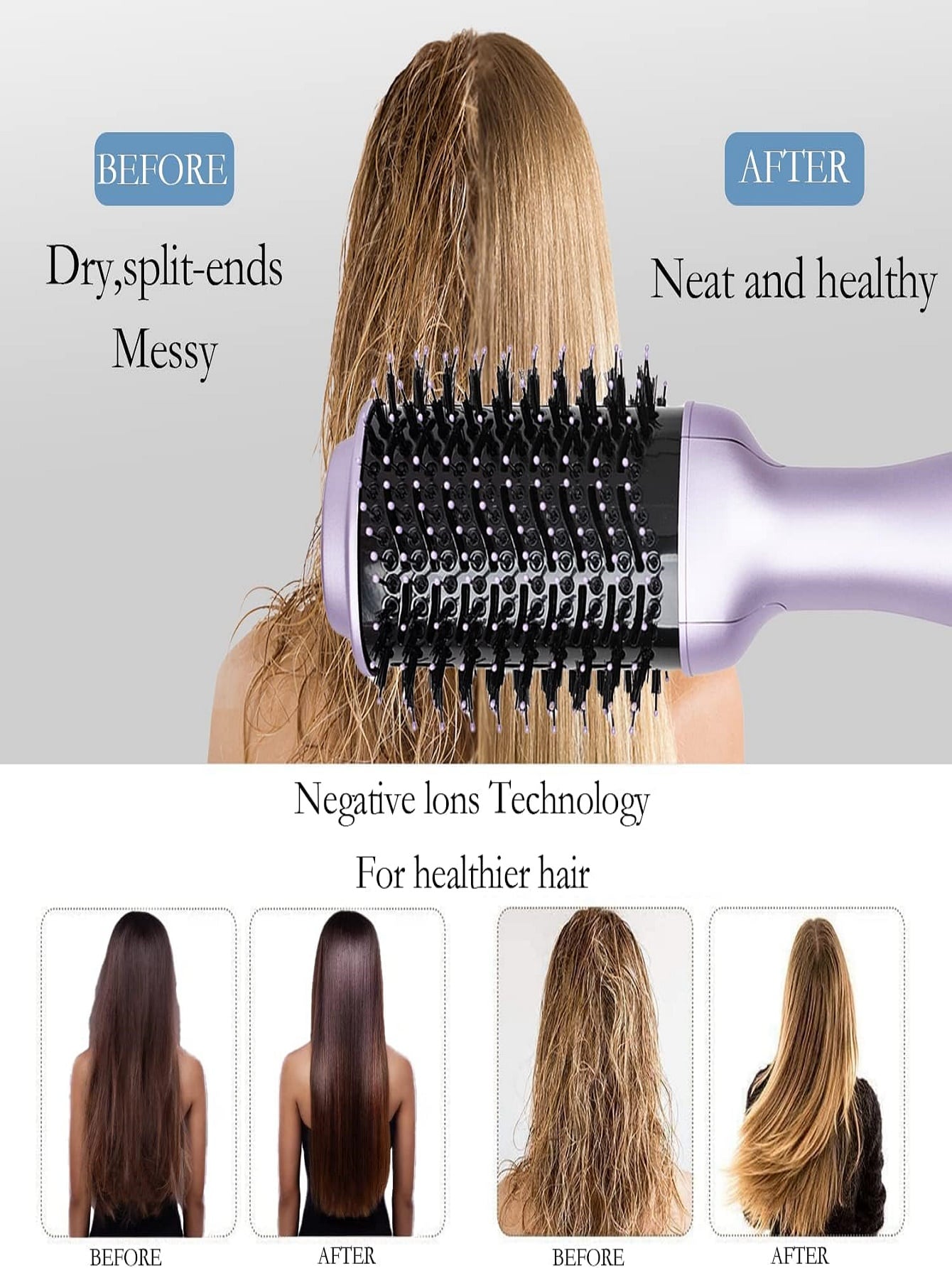 1pc Purple Women's Hot Air Brush Comb, 3-in-1 Volumizer Hair Dryer Brush, Ionic Hair Straightener And Curler, Salon Styling Brush-Purple-5