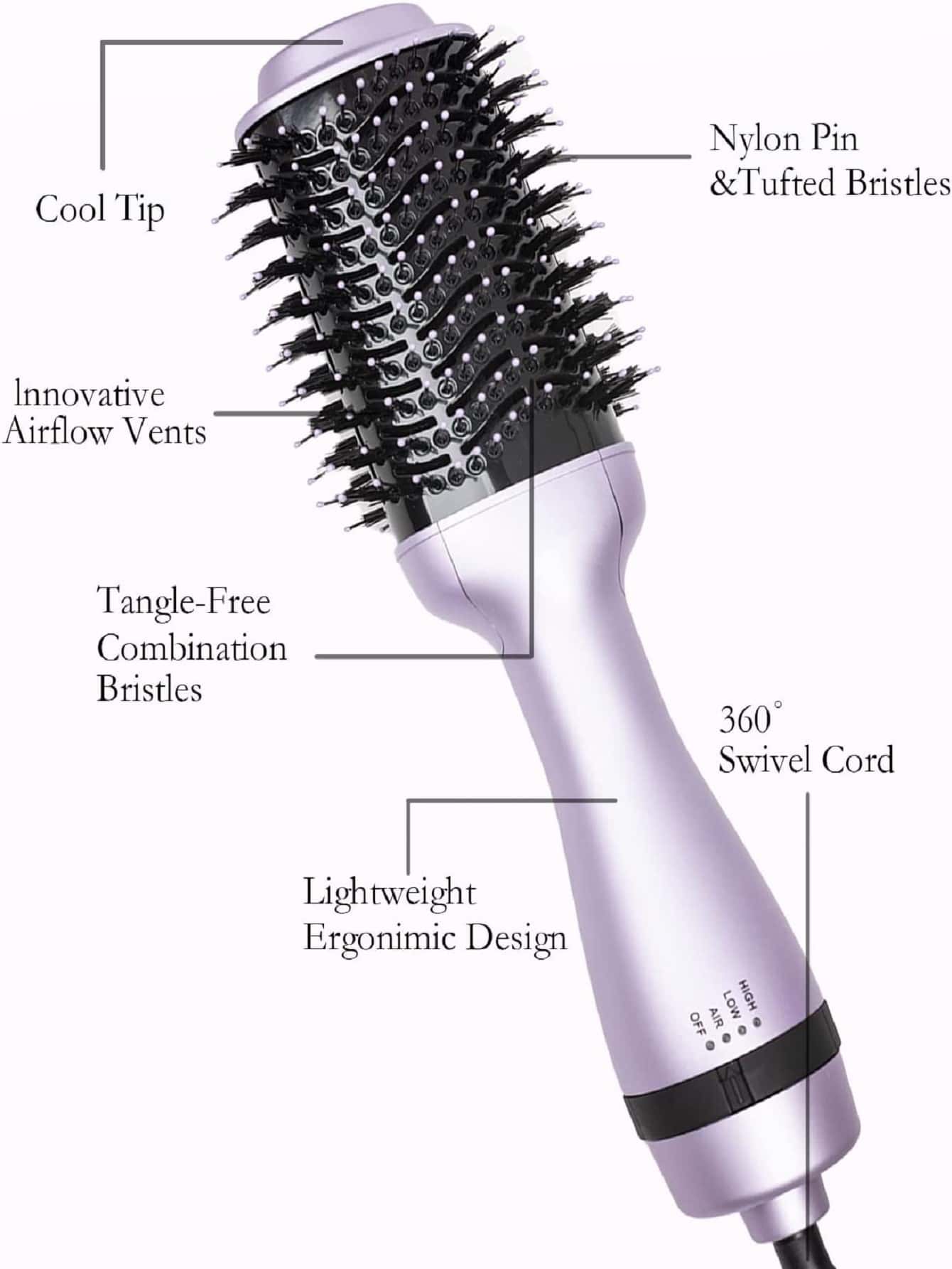 1pc Purple Women's Hot Air Brush Comb, 3-in-1 Volumizer Hair Dryer Brush, Ionic Hair Straightener And Curler, Salon Styling Brush-Purple-3