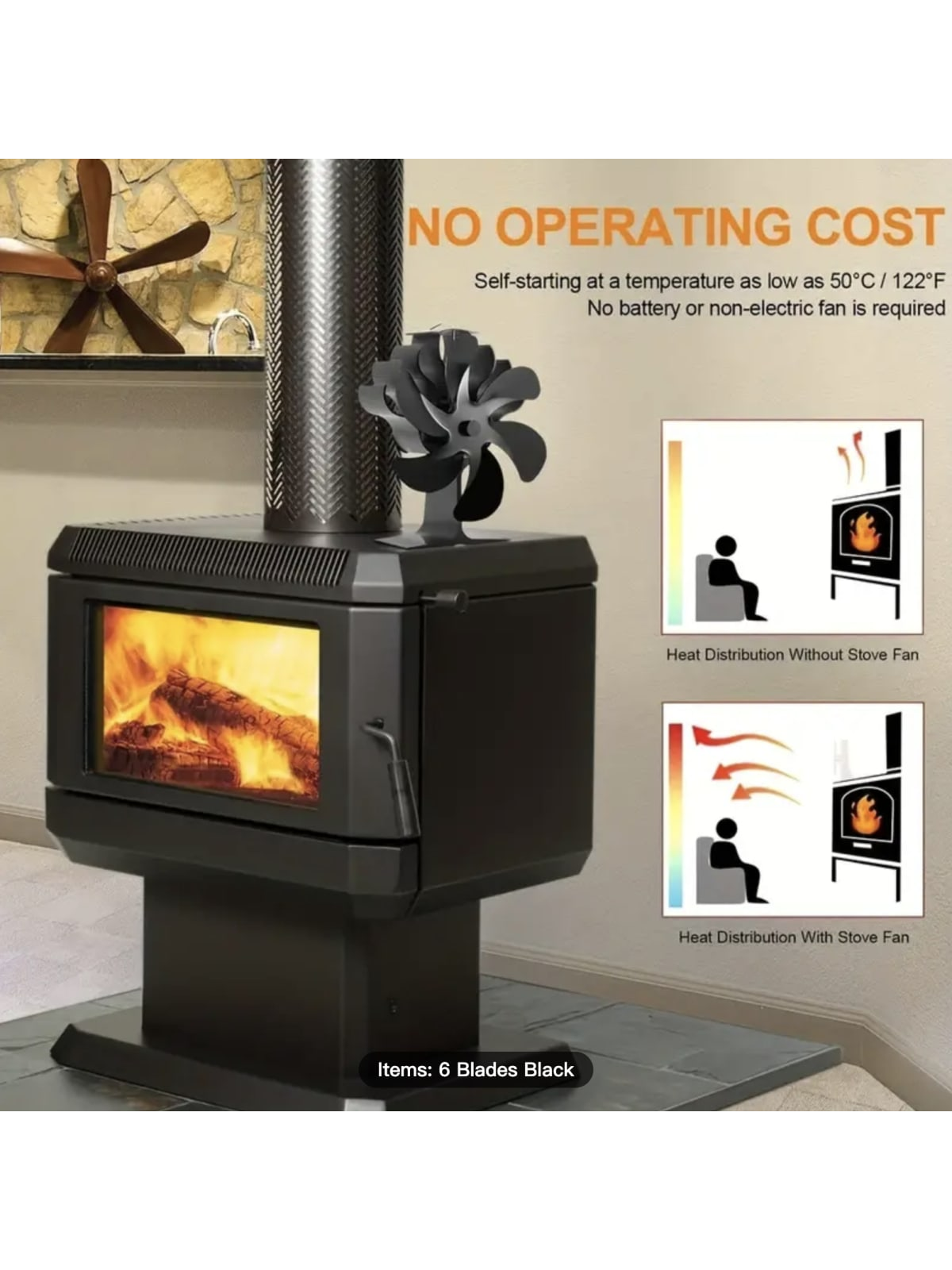 Wood Stove Fan, 6 Blades Wood Stove Fan Heat Powered, Fireplace Fan, Wood Stove Accessories, Non Electric Fan for Wood/Gas/Log Burner Stove-Black-4