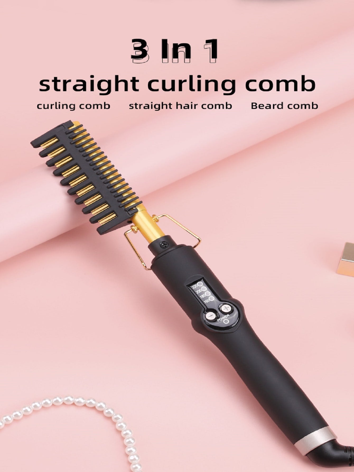Electric Hair Comb, Professional High Temperature Ceramic Styling Comb, Multifunctional Copper Straightener Curler Straightening Comb-Black-1