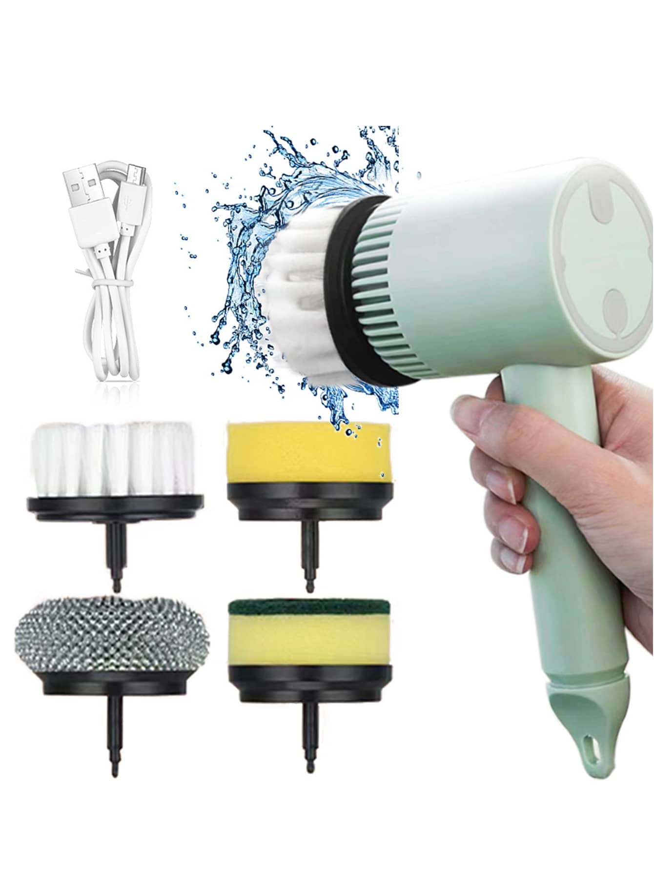 Rechargeable Electric Rotary Scrubber, With 4 Replaceable Cleaning Heads, Power Shower Scrubber For Bathroom Floor Tile Car Tub-Host + 4 brush heads + green-1
