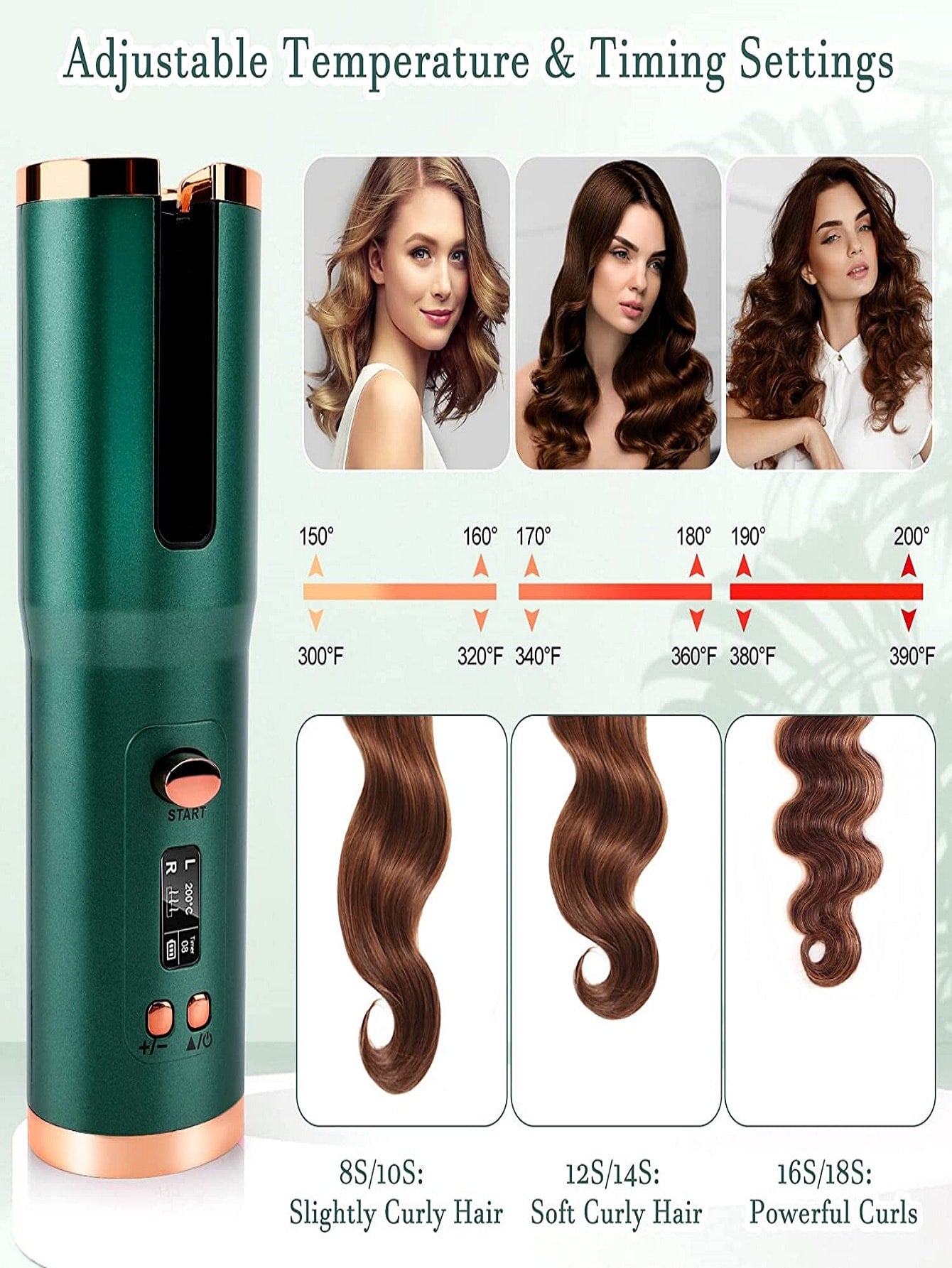 Wireless Portable Usb Charging Automatic Hair Curler, Smart Lcd Display Lazy Curling Wand, Electric Wave Curler-Green-3