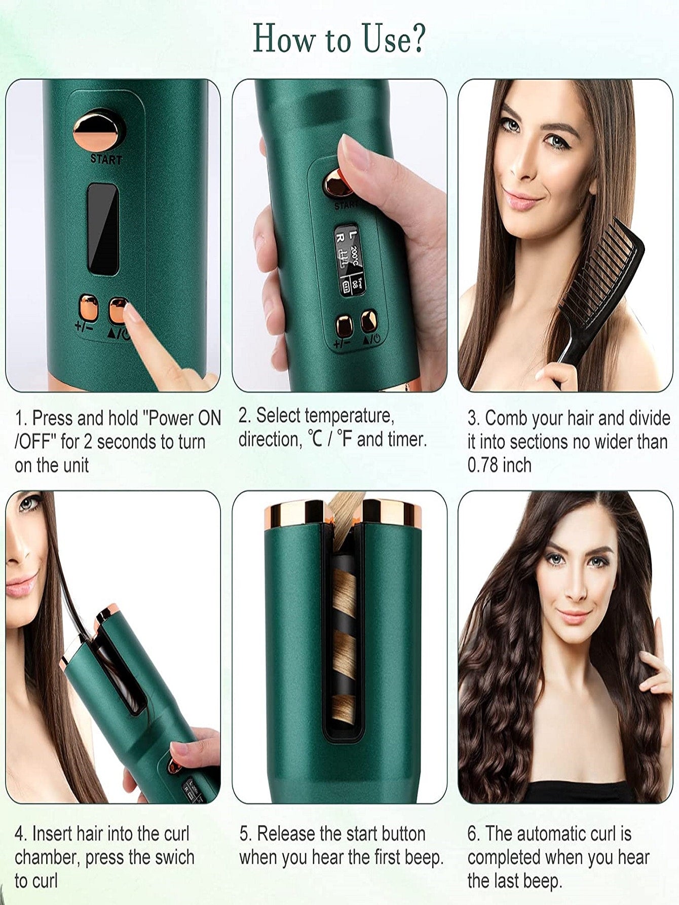Wireless Portable Usb Charging Automatic Hair Curler, Smart Lcd Display Lazy Curling Wand, Electric Wave Curler-Green-5