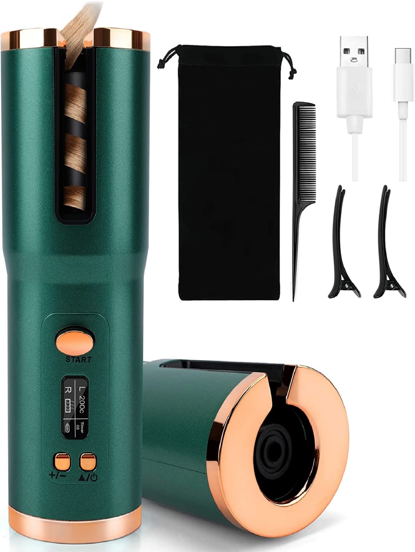 Wireless Portable Usb Charging Automatic Hair Curler, Smart Lcd Display Lazy Curling Wand, Electric Wave Curler-Green-1