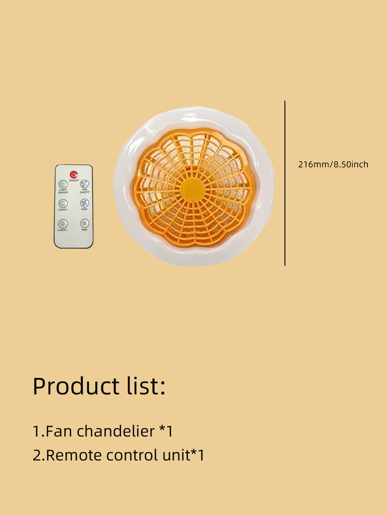 1pc 216mm Orange Ceiling Fan Light With Remote Control, Low Profile With Light, 3 Speeds, Led Dimmable, 3 Colors, 8 Invisible Bladeless Fan Light, Suitable For Bedroom And Office-Orange-6