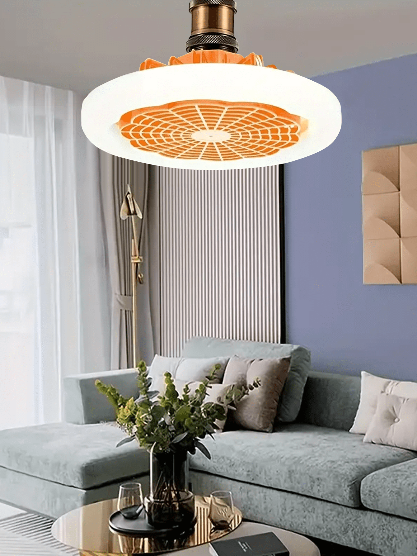 1pc 216mm Orange Ceiling Fan Light With Remote Control, Low Profile With Light, 3 Speeds, Led Dimmable, 3 Colors, 8 Invisible Bladeless Fan Light, Suitable For Bedroom And Office-Orange-3