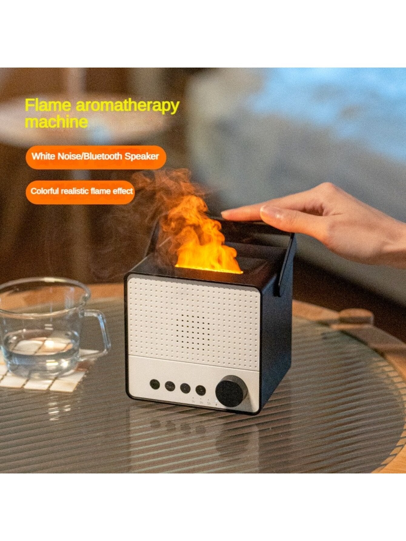 1pc Usb-powered 120ml Aroma Humidifier With Speaker, 7 Colors Led Flame Effect, Suitable For Office And Home Use-Black-3