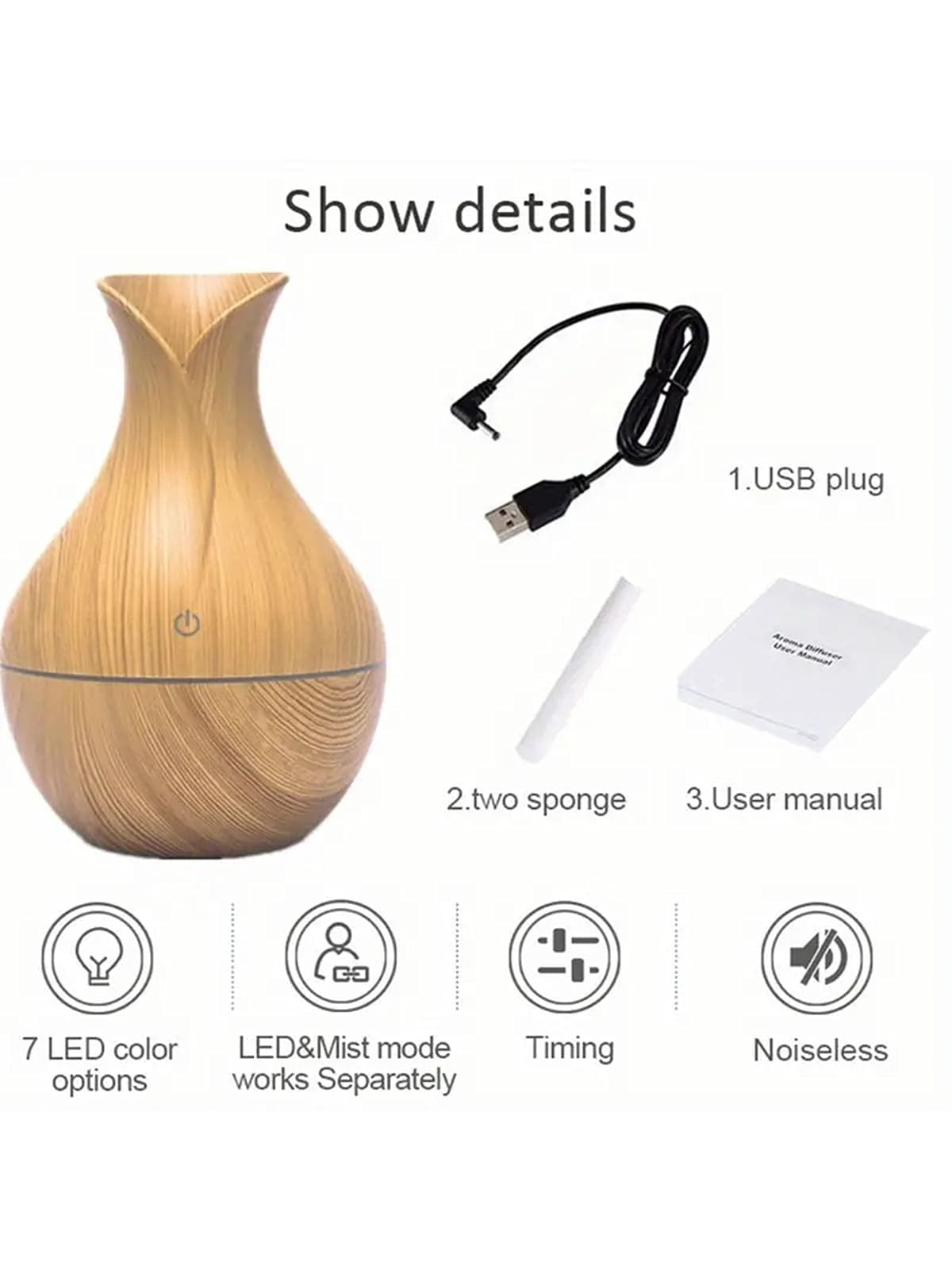 1pc Usb Wood Grain Flower Vase Shaped Humidifier With 7-color Led Light & Aroma Diffuser Function For Home, Office, Car Decoration-light wood grain-2