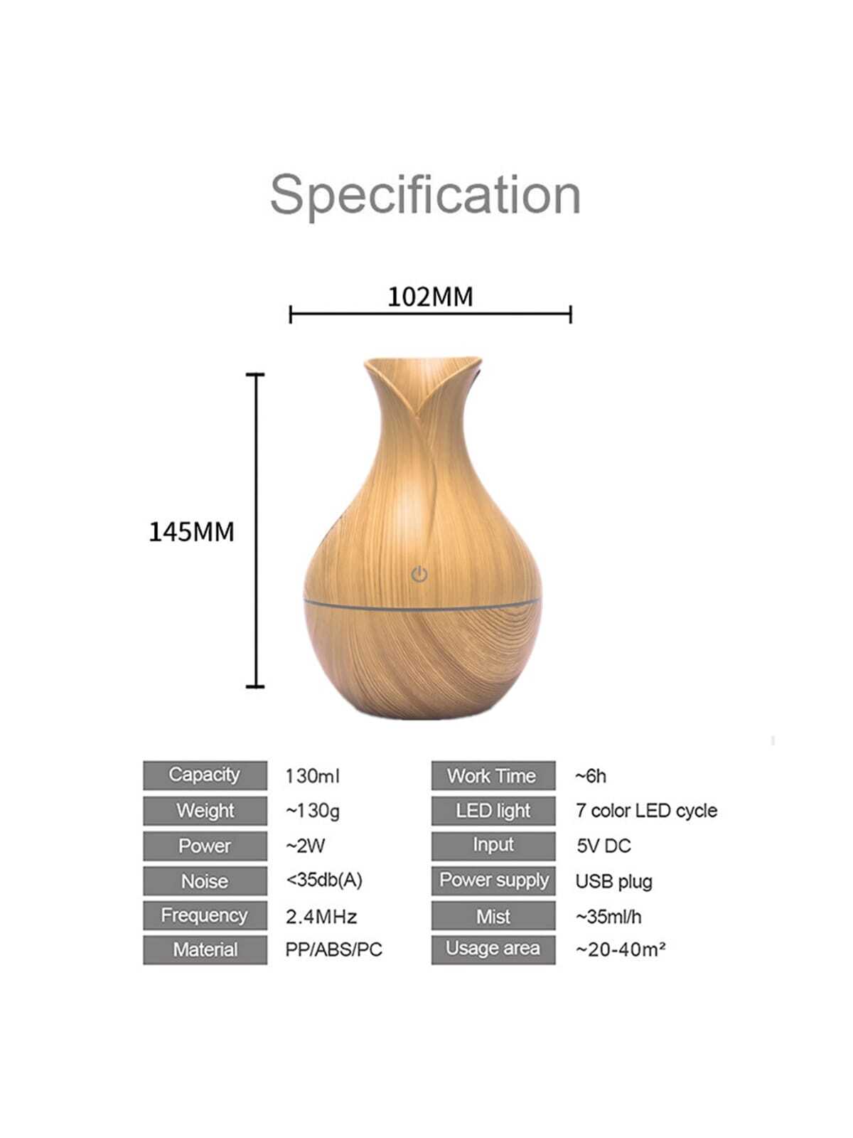 1pc Usb Wood Grain Flower Vase Shaped Humidifier With 7-color Led Light & Aroma Diffuser Function For Home, Office, Car Decoration-light wood grain-5